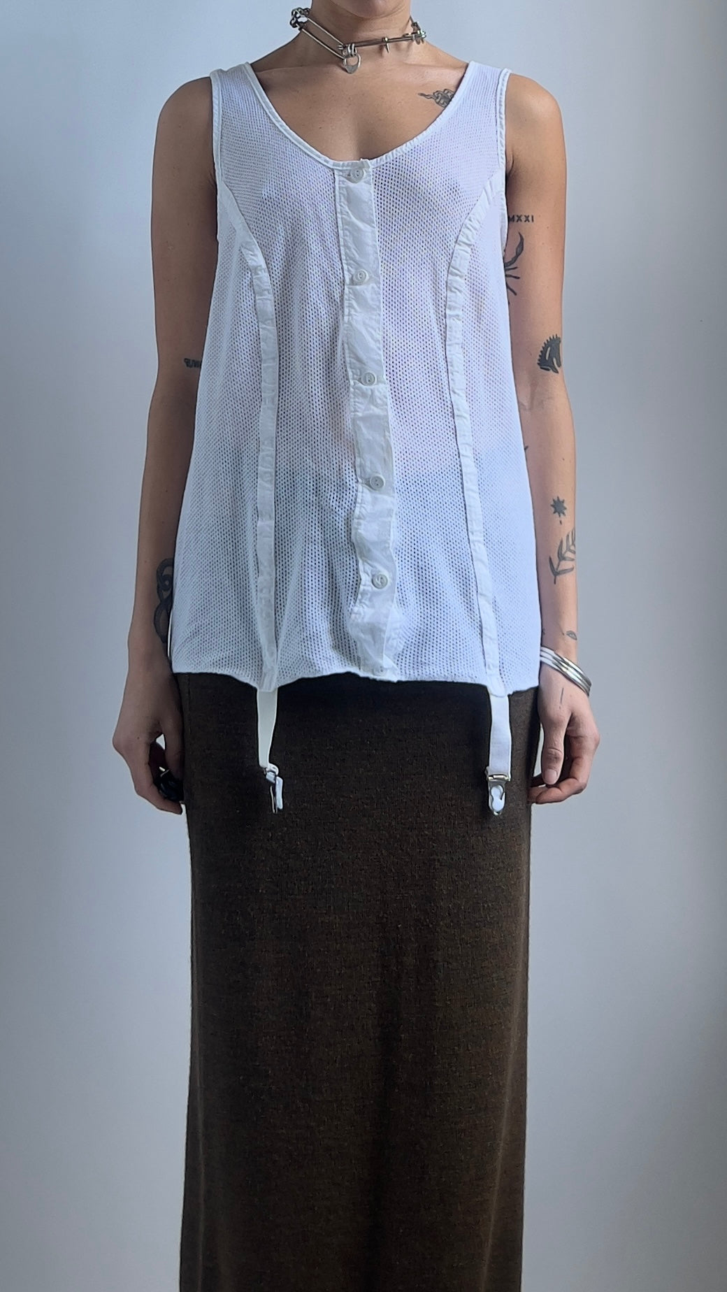 70S WHITE NET TOP WITH SUSPENDERS / UK 12