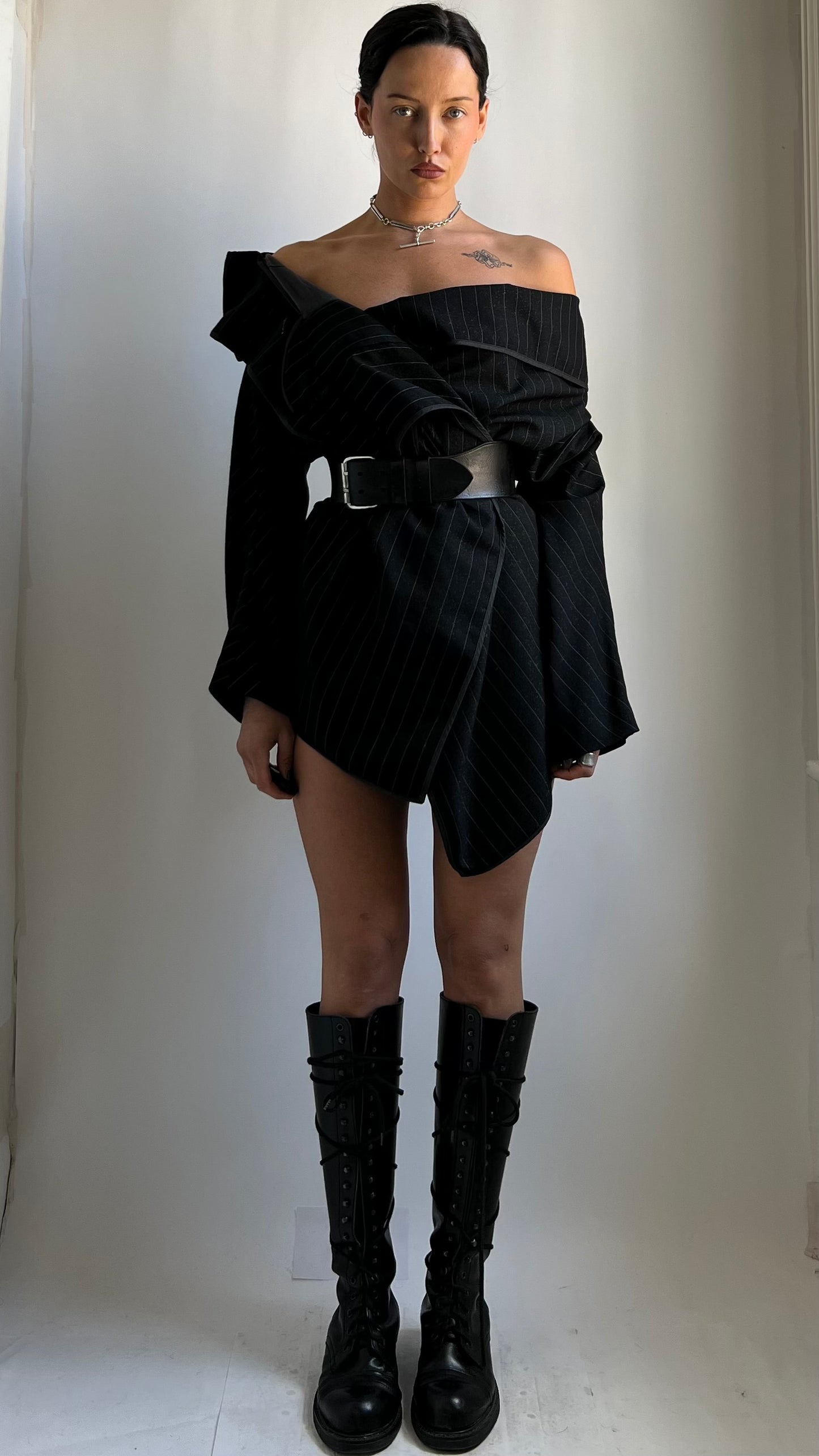 RARE 70S BLACK LEATHER CORSET BELT WITH SILVER HARDWARE