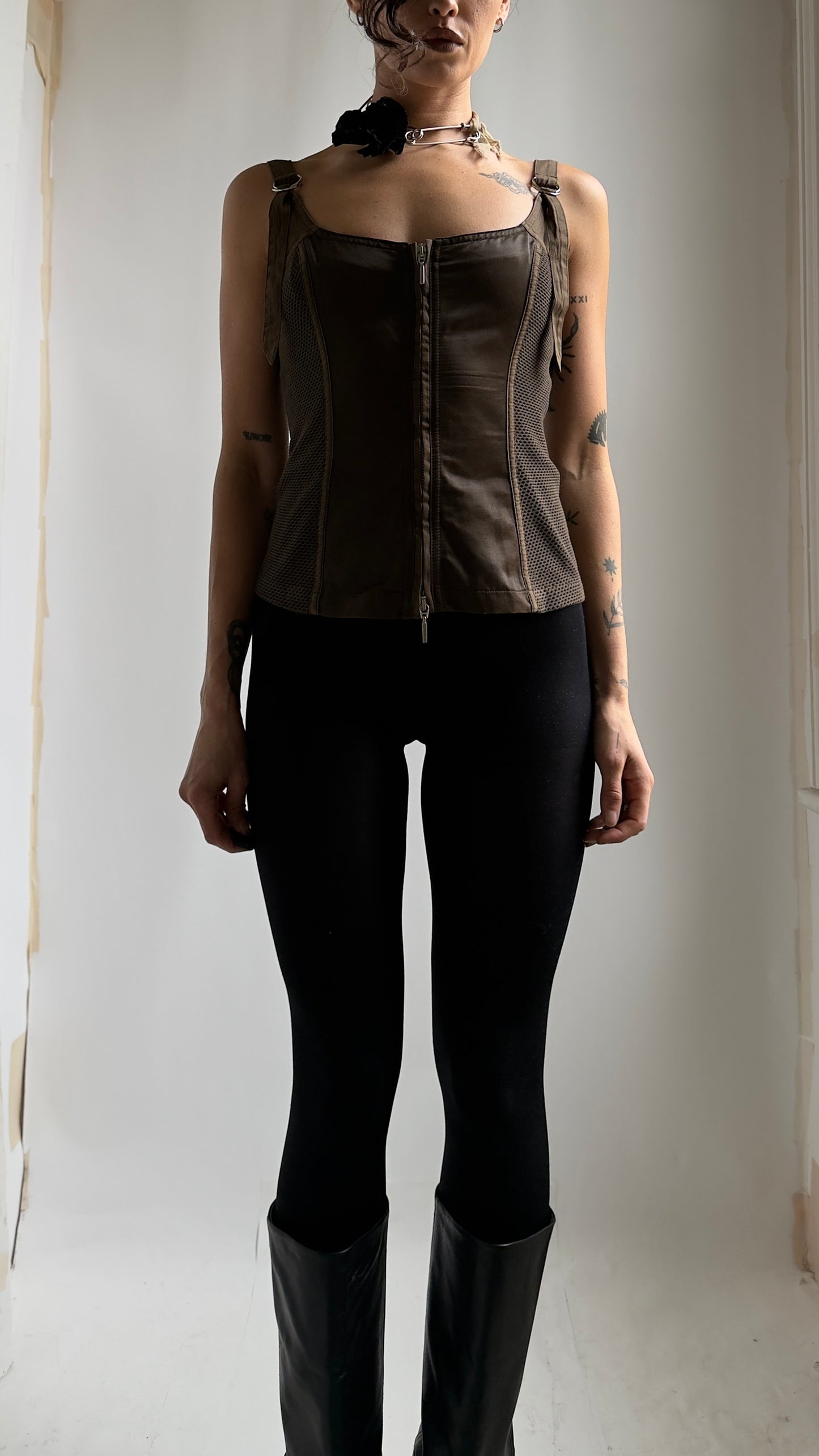 EARLY 2000S PLEIN SUD ZIP UP MESH TOP / UK 6-8