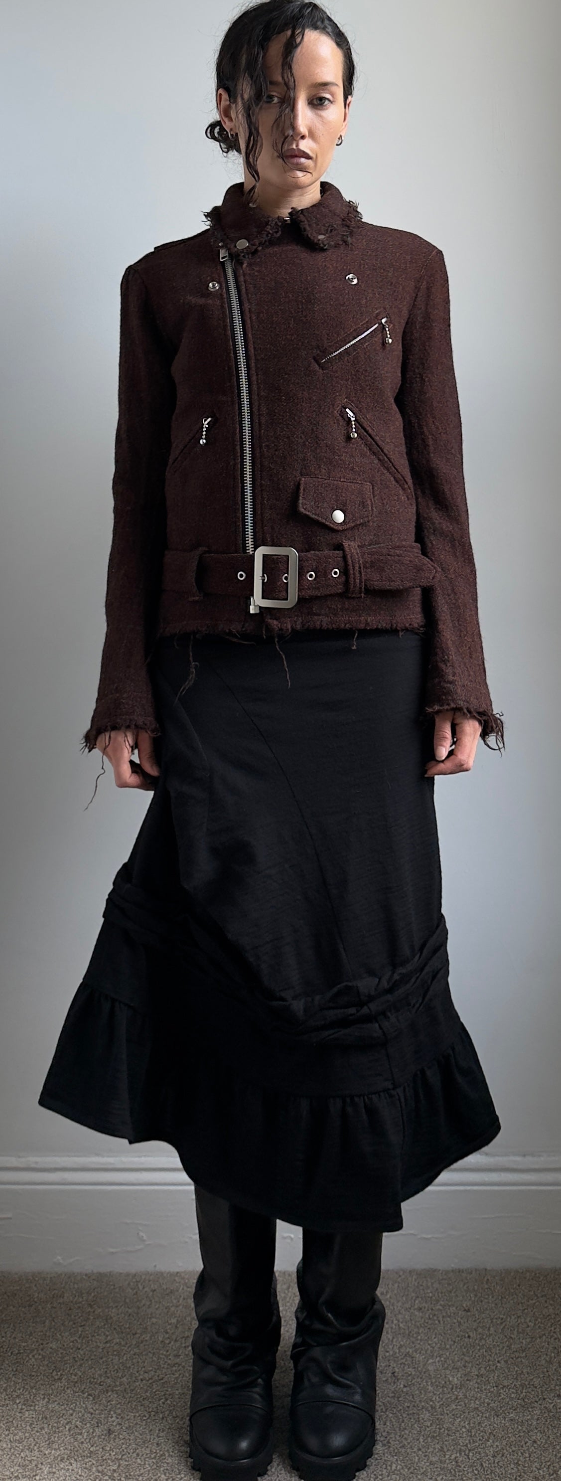 RARE 2011 JUNYA WATANABE FRAYED HEM WOOL BIKER JACKET / UK 6