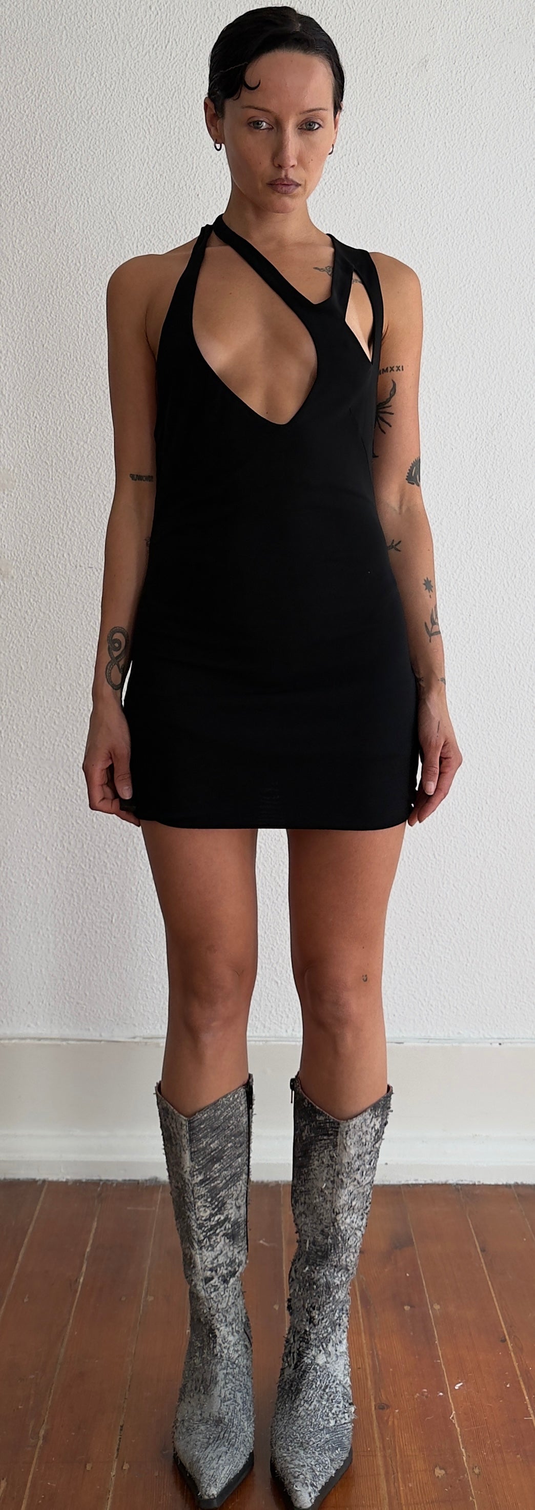 RARE 90S PLEIN SUD MINI DRESS WITH AVANT GARDE NECKLINE / UK 8