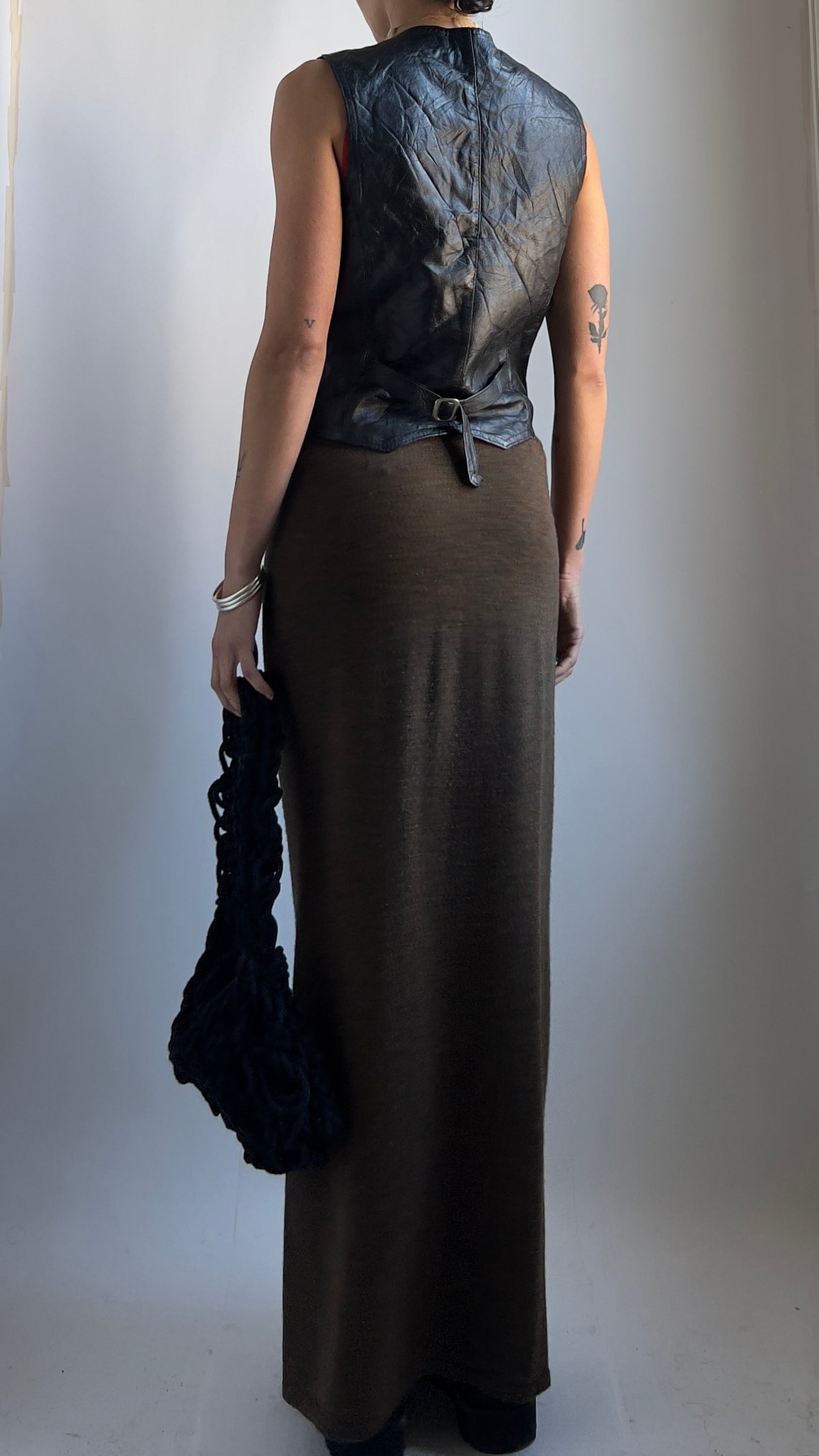 80S FITTED BLACK LEATHER WAISTCOAT / UK 6-8