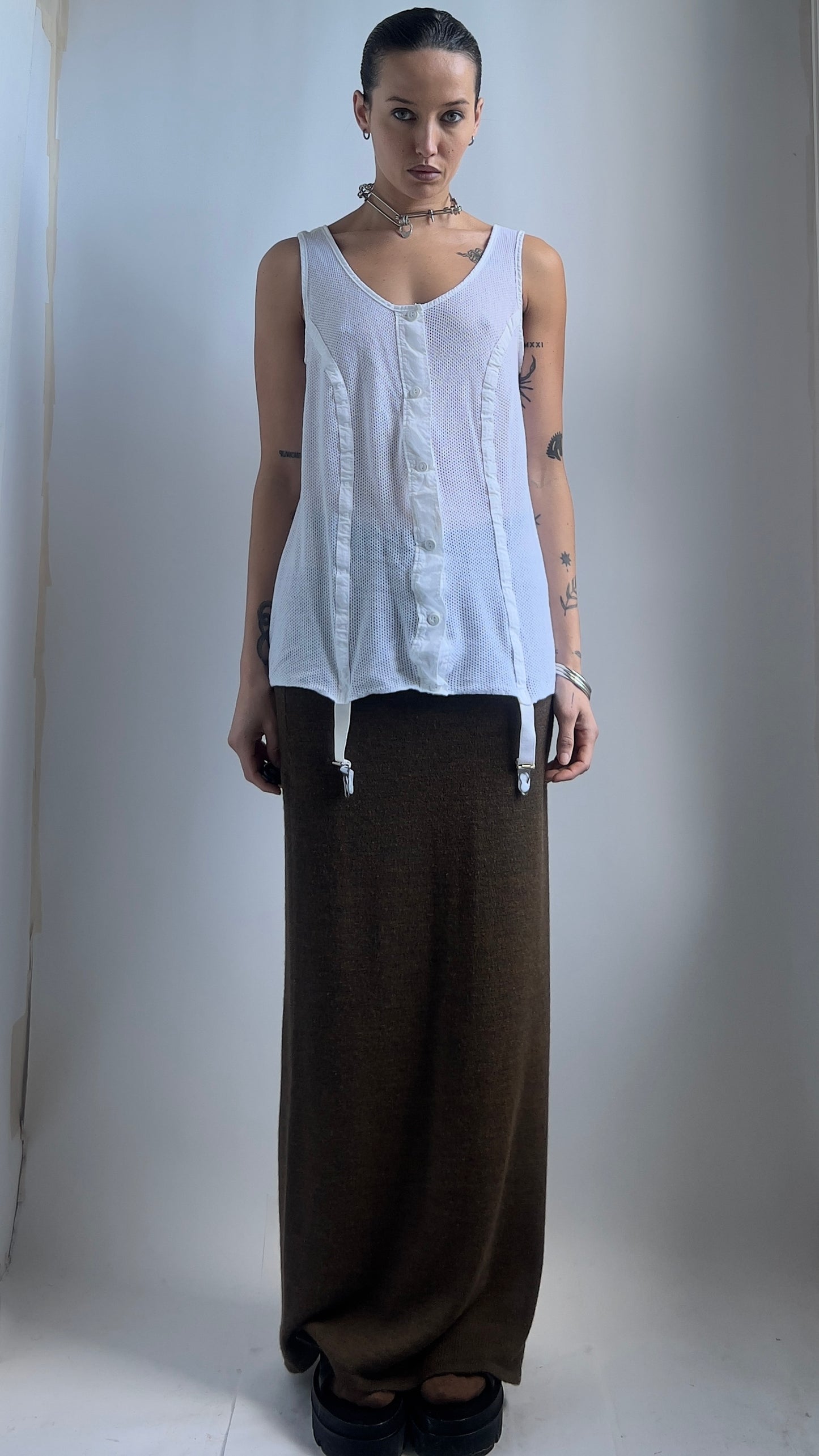 70S WHITE NET TOP WITH SUSPENDERS / UK 12