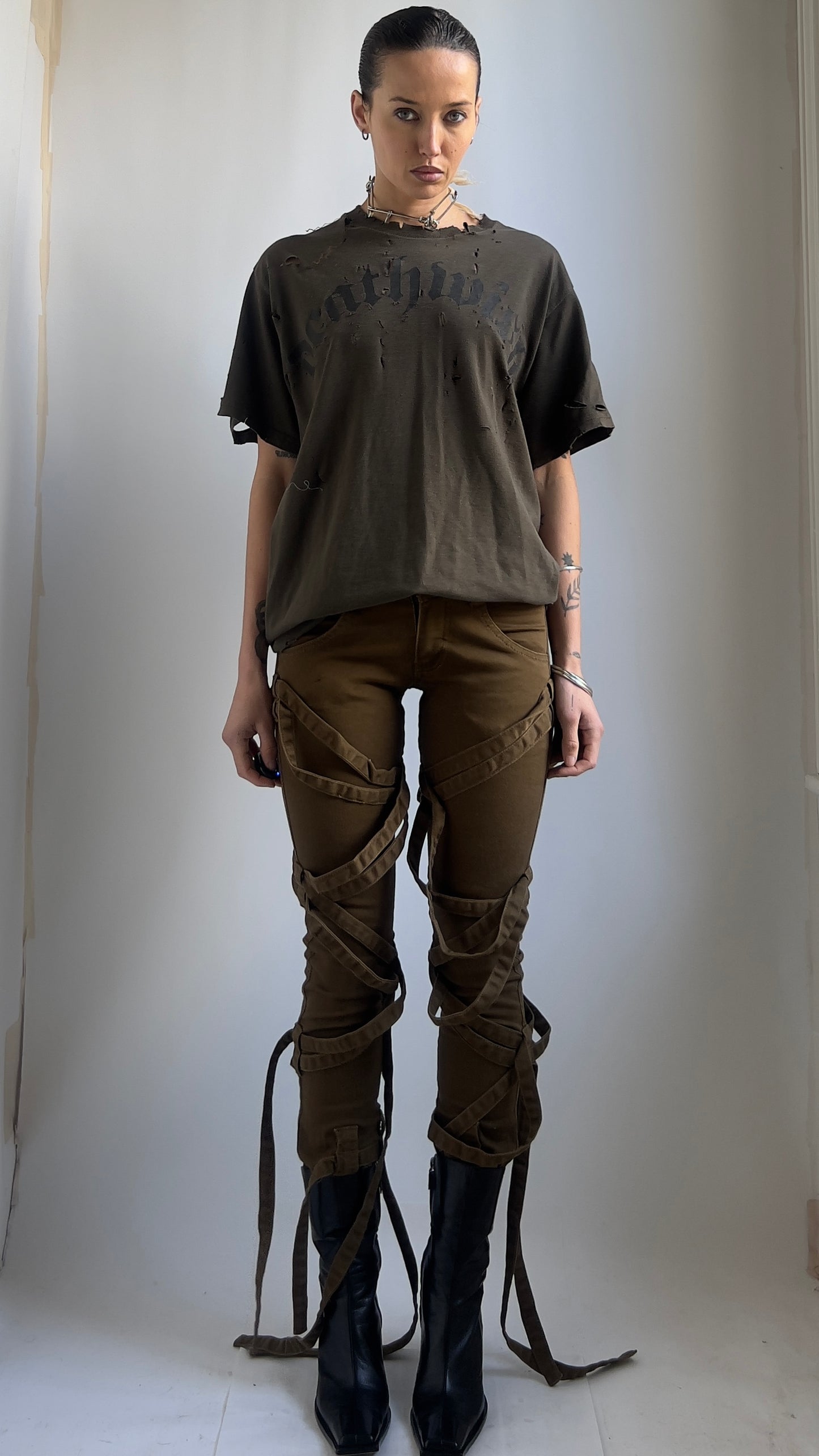 EARLY 2000S LOW WAISTED BONDAGE TROUSERS / UK 4-6