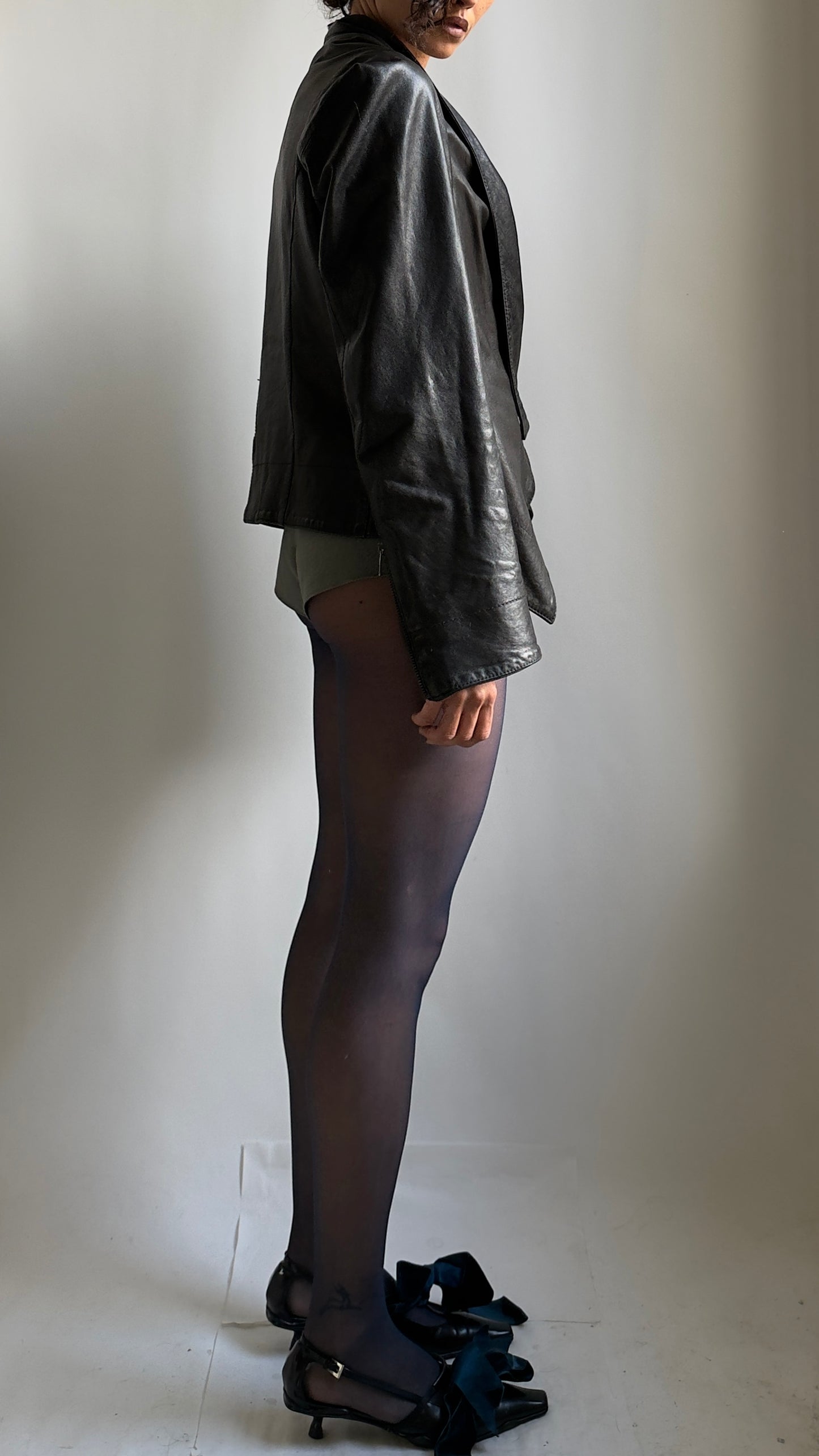 EARLY 2000S VIVIENNE WESTWOOD DRAPED LEATHER JACKET / UK 10-12