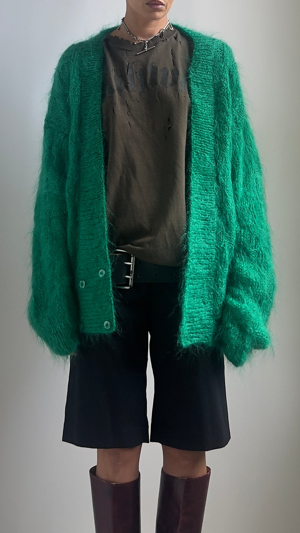 80S GREEN MOHAIR CARDIGAN / UK 6-10
