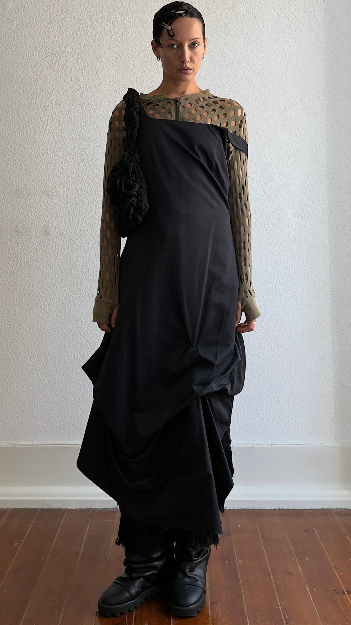 90S FRENCH SCULPTURAL GATHERED BLACK DRESS / UK 6