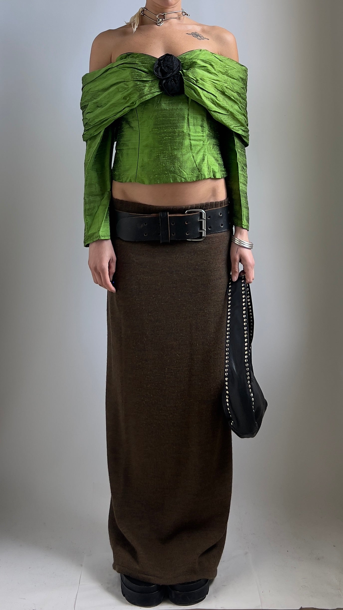 RARE LATE 80S RAW GREEN SILK TOP / UK 8