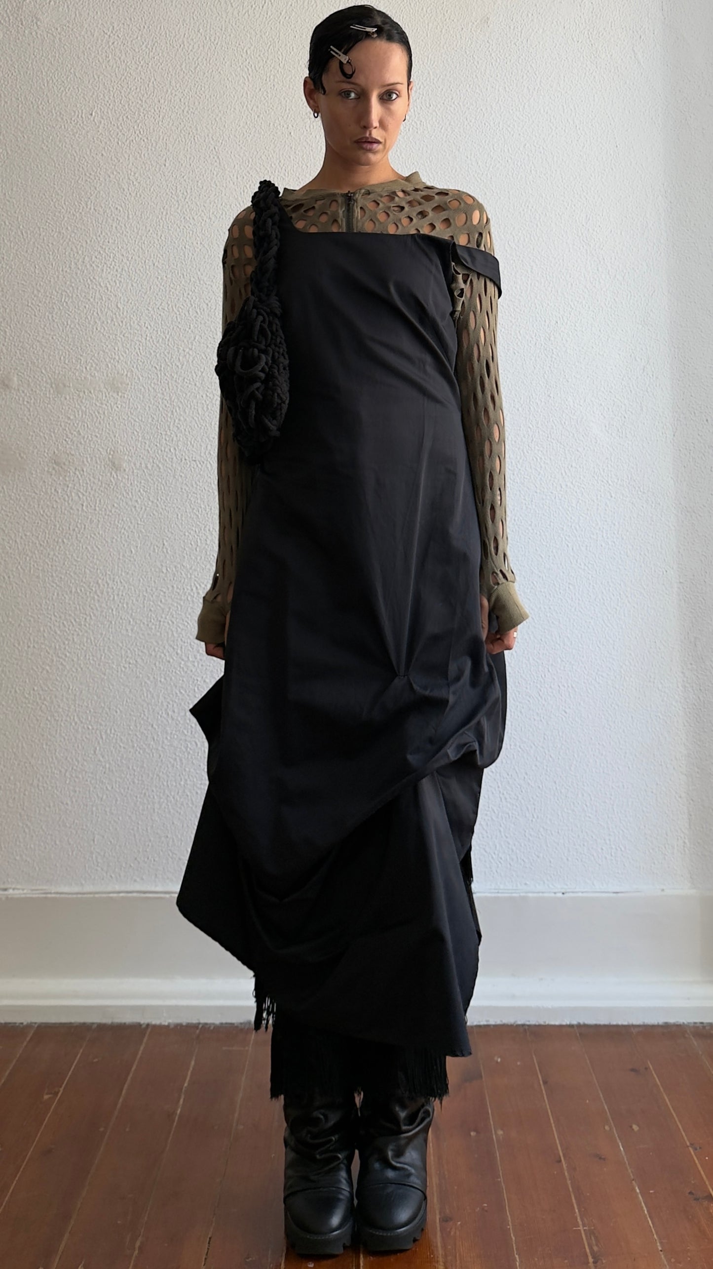90S FRENCH SCULPTURAL GATHERED BLACK DRESS / UK 6