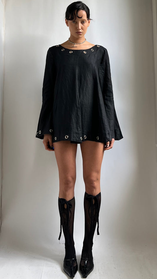 70S BLACK LINEN DRESS WITH HEAVY SILVER EYELETS
