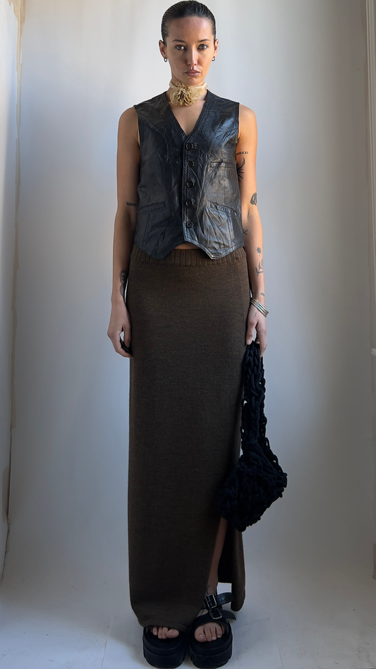 80S FITTED BLACK LEATHER WAISTCOAT / UK 6-8