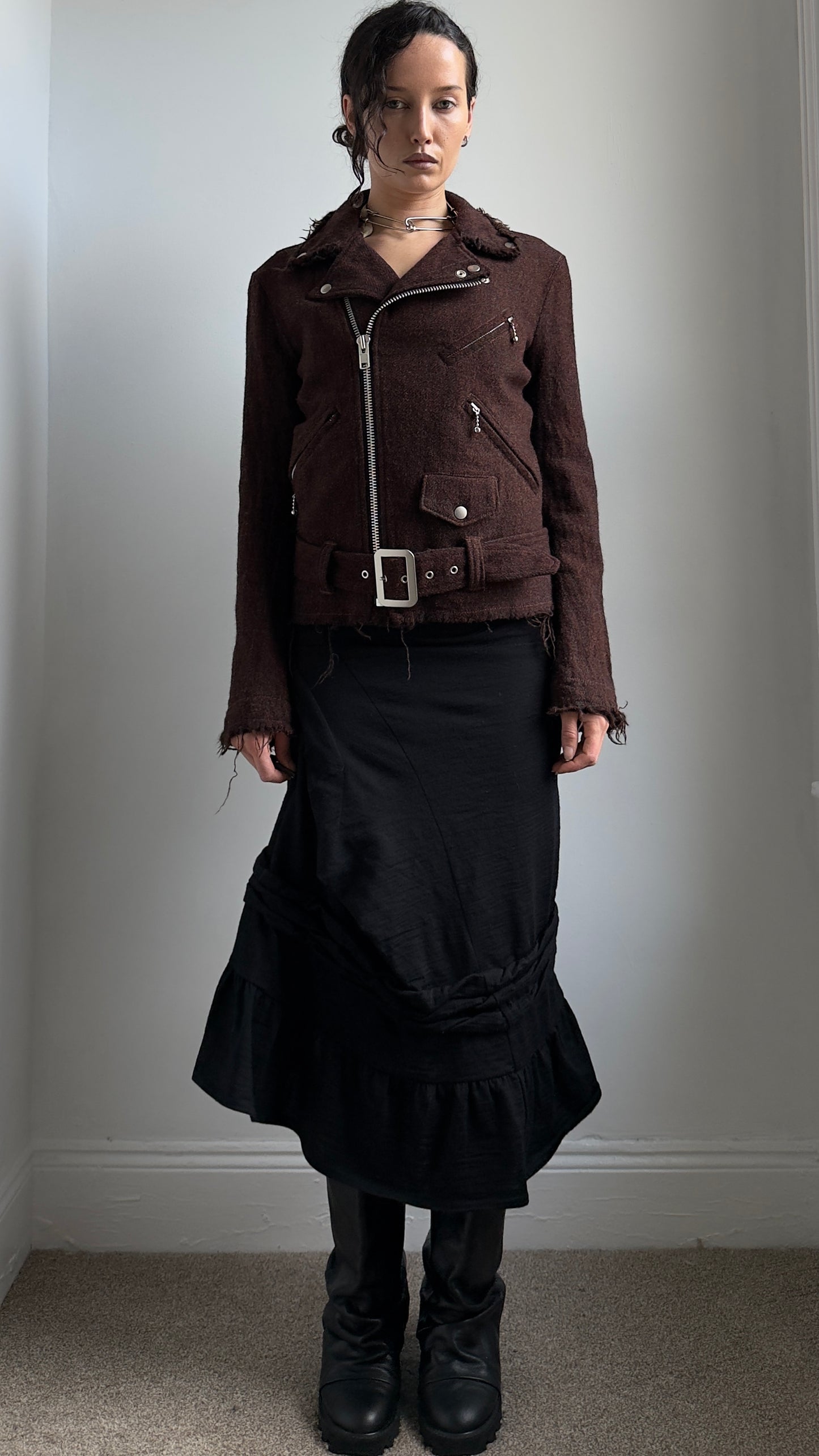 RARE 2011 JUNYA WATANABE FRAYED HEM WOOL BIKER JACKET / UK 6