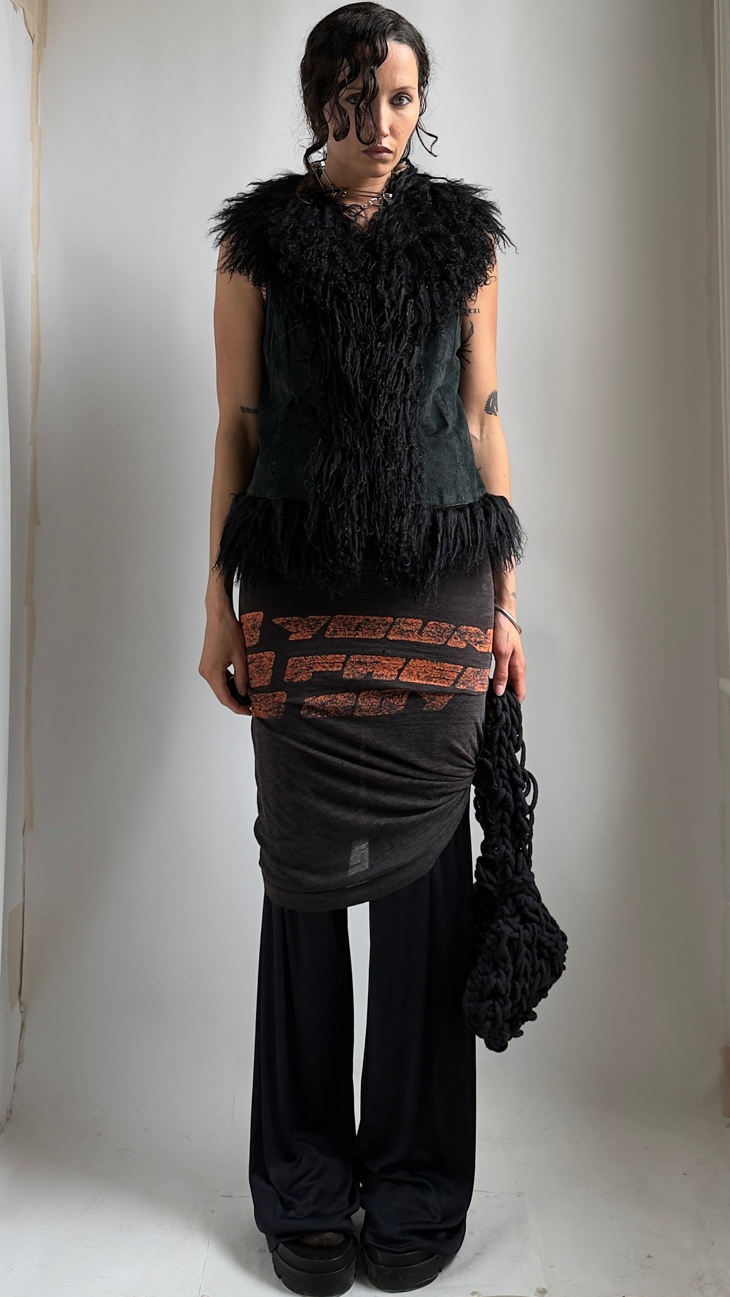 70S BLACK SUEDE MONGOLIAN VEST / UK 8-10