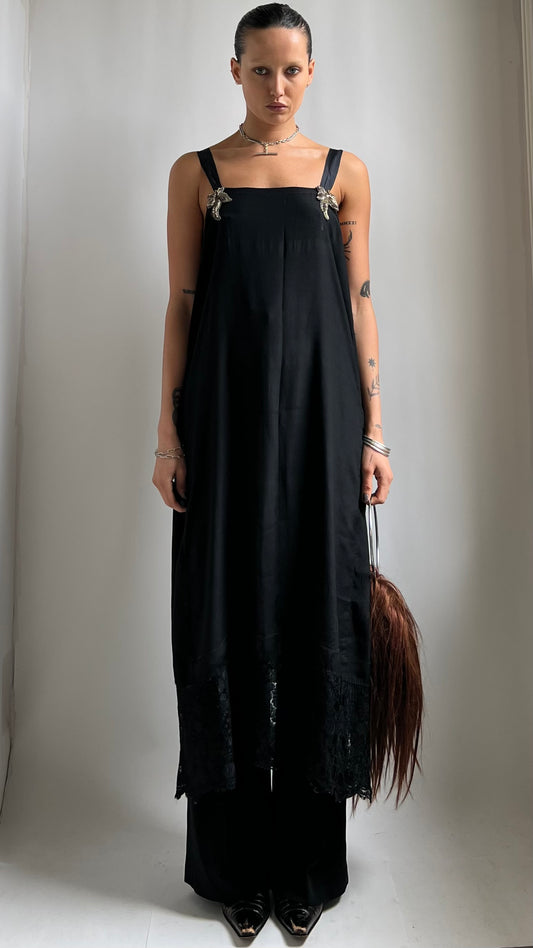 30S SILK BLACK SLIP DRESS WITH LACE & SILVER EMBELLISHMENTS