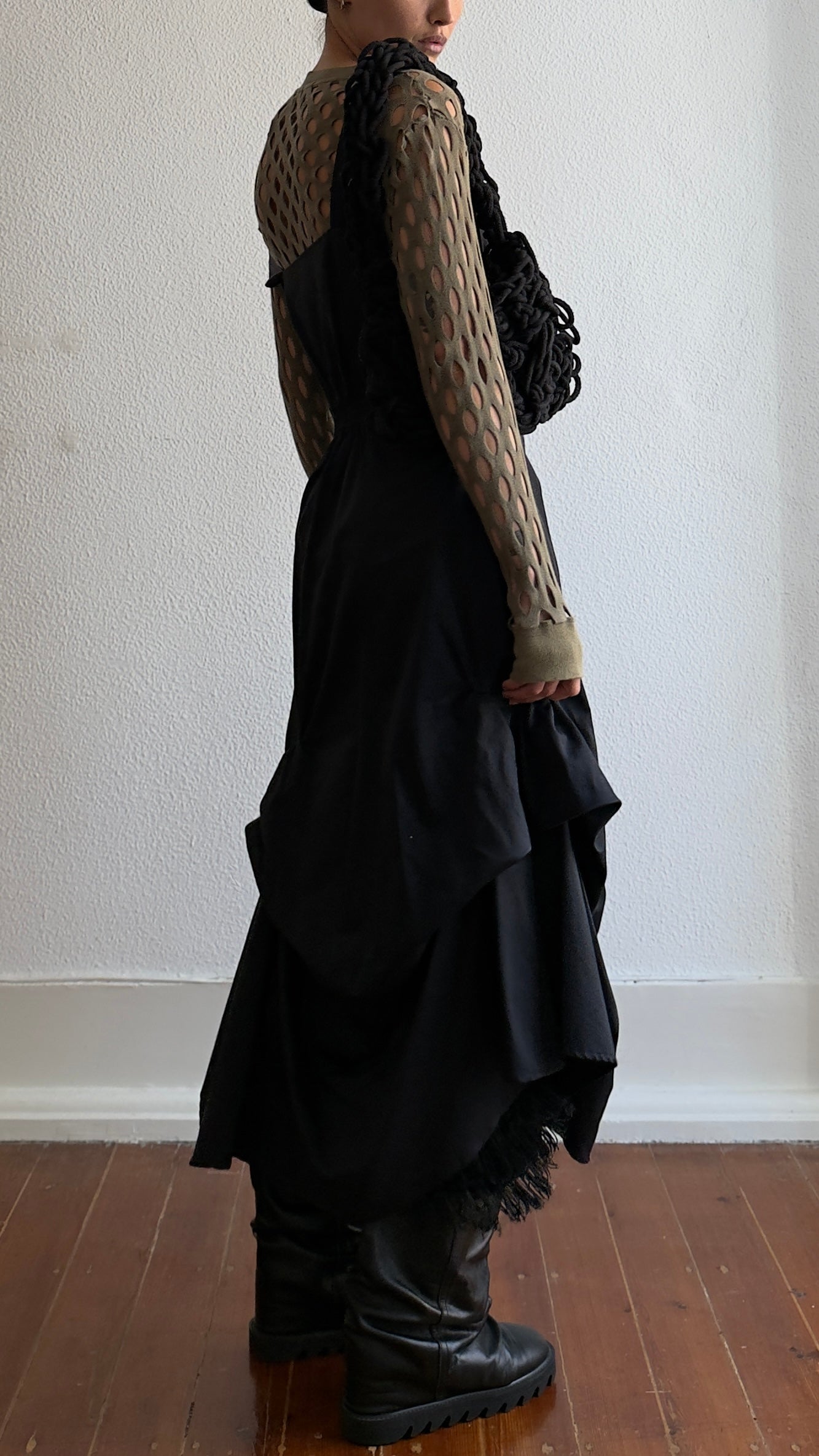 90S FRENCH SCULPTURAL GATHERED BLACK DRESS / UK 6