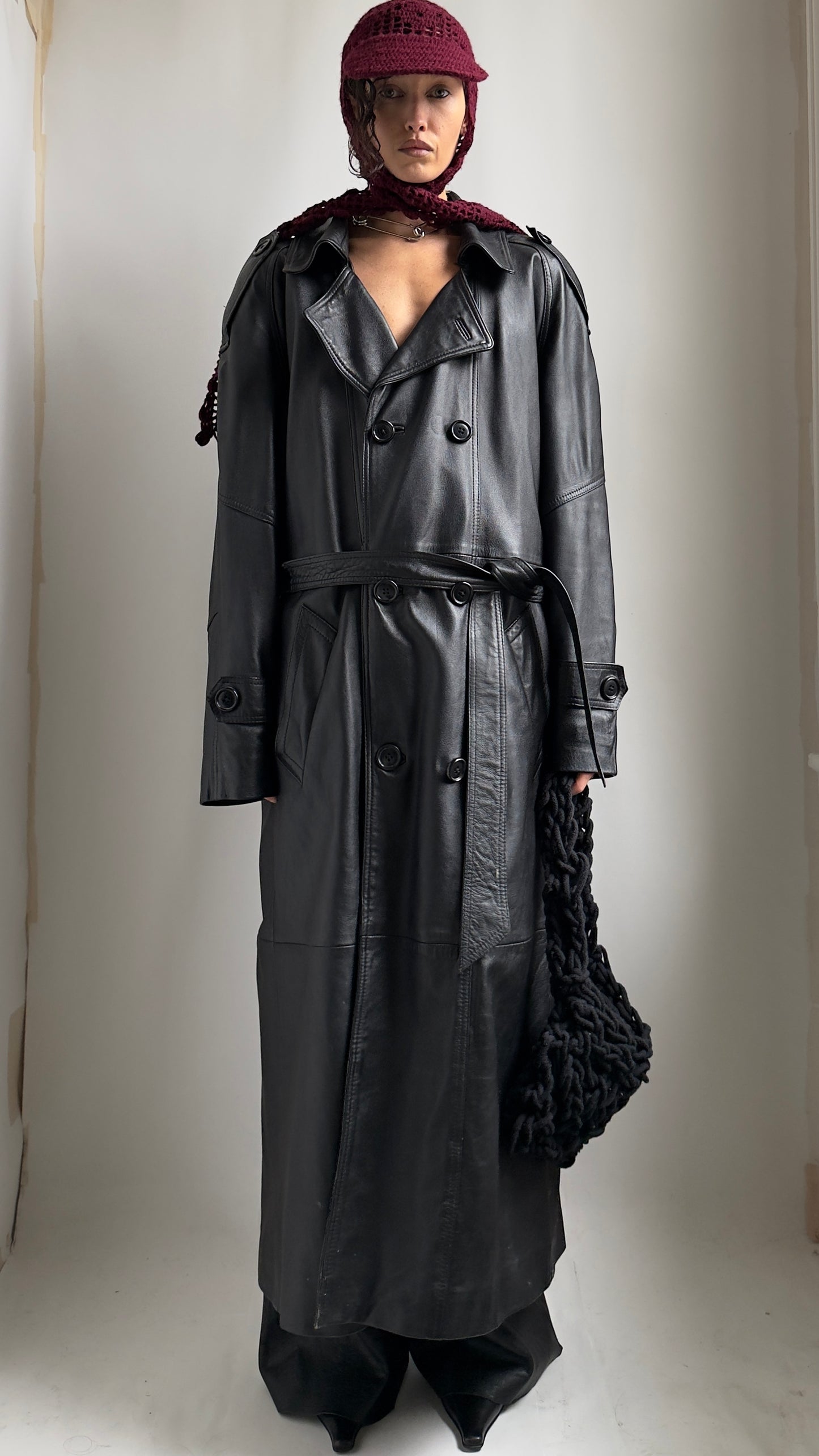 80S PERFECTLY OVERSIZED LEATHER TRENCH COAT / UK 6-12