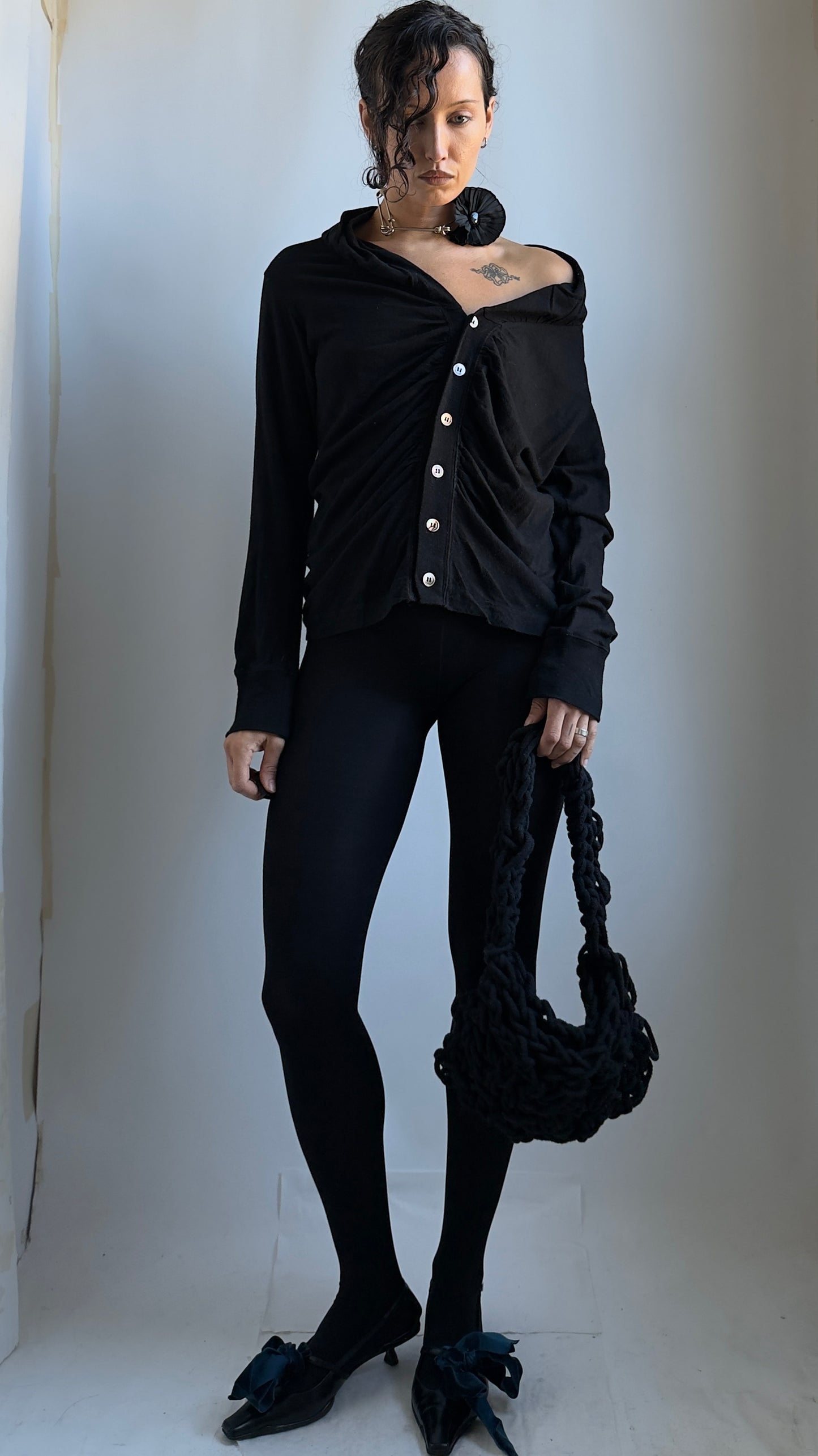 90S ZUCCA GATHERED BLACK CARDIGAN / UK 6-10