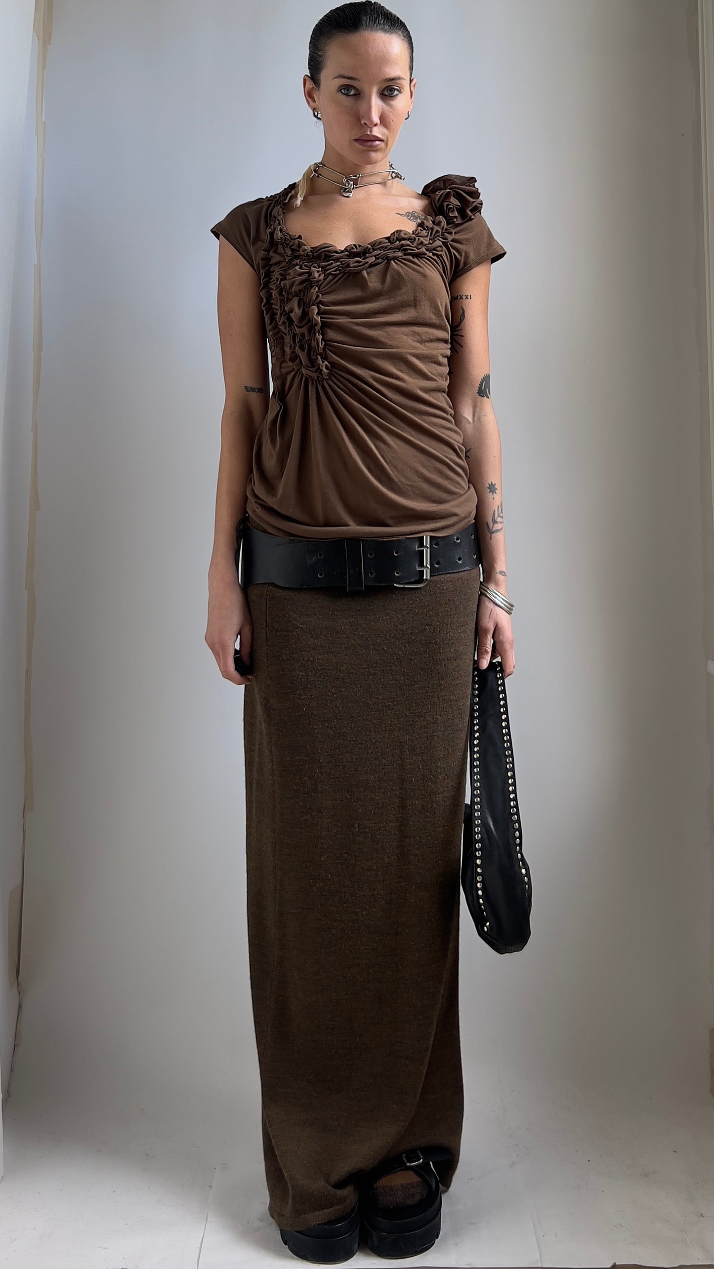 90S BROWN GATHERED TOP / UK 6-10