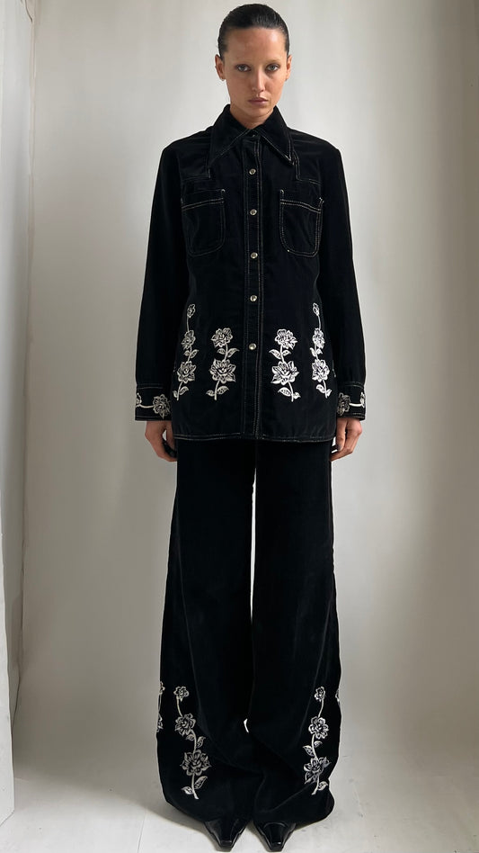 70S LIGHTWEIGHT VELVET SUIT WITH FLORAL EMBROIDERY / 27"