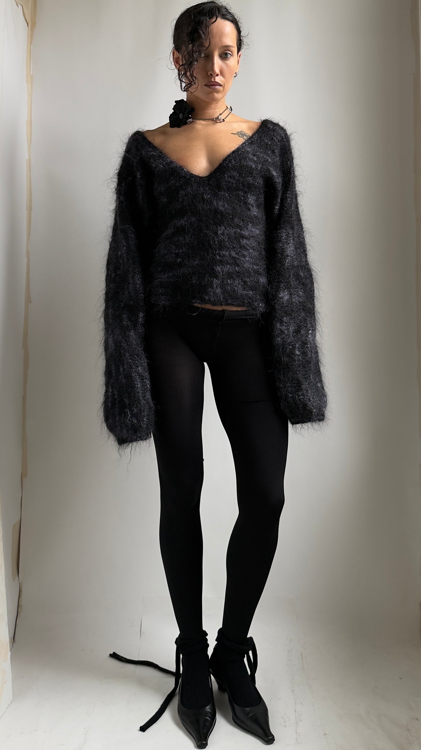 80S CROPPED BLUE AND BLACK MOHAIR JUMPER / UK 6-10