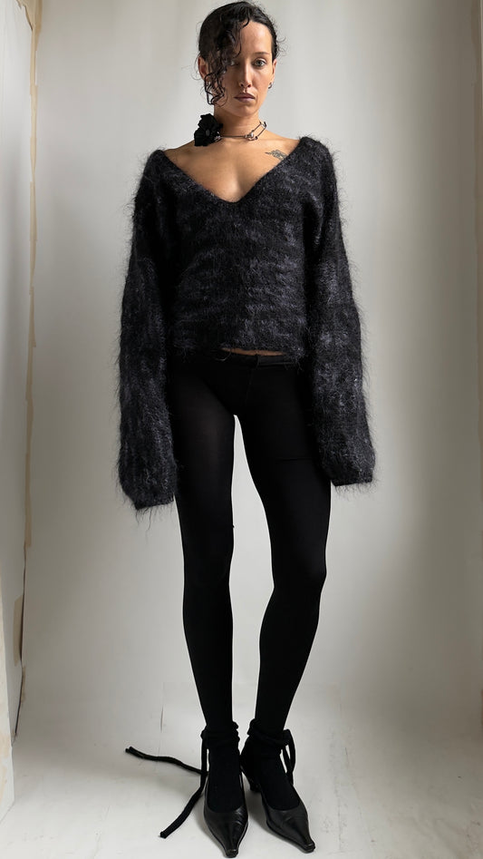 80S CROPPED BLUE AND BLACK MOHAIR JUMPER / UK 6-10