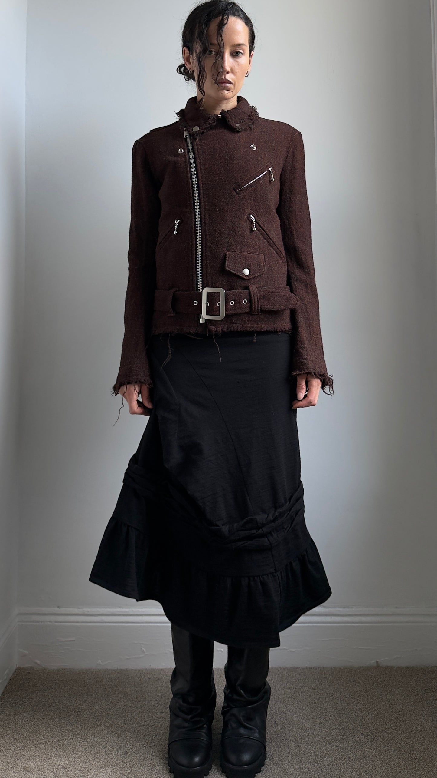 RARE 2011 JUNYA WATANABE FRAYED HEM WOOL BIKER JACKET / UK 6