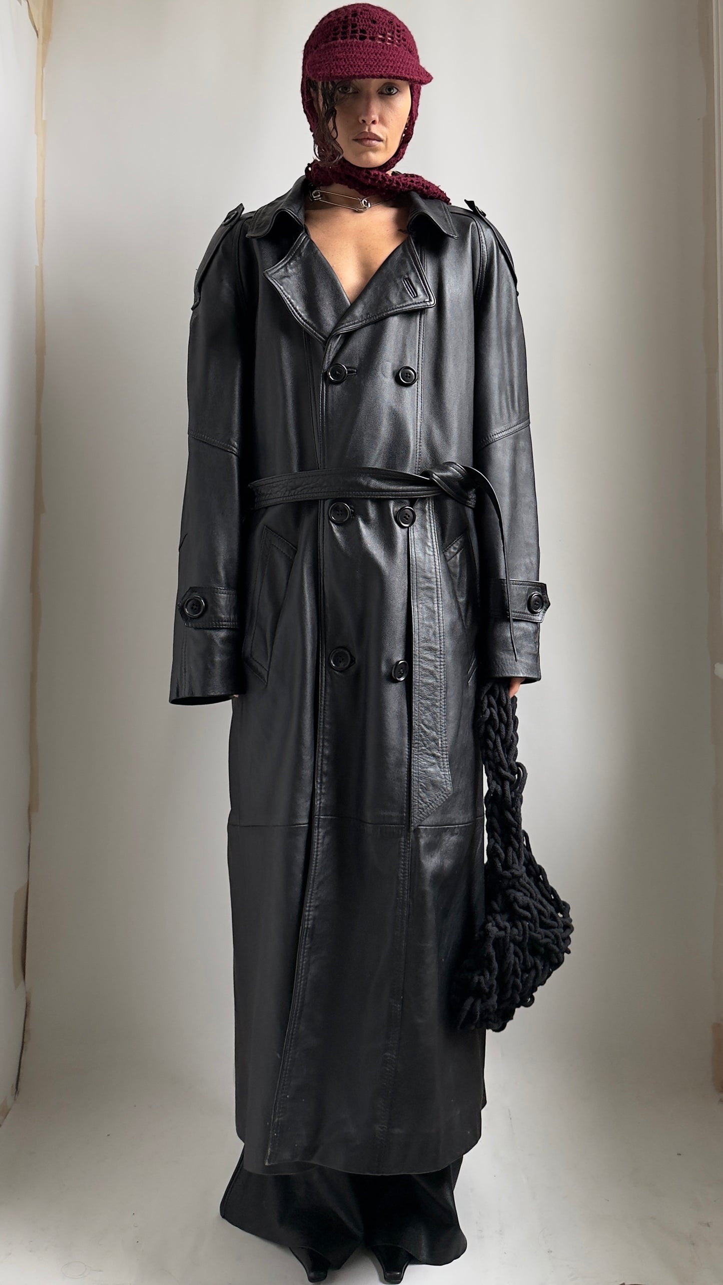 80S PERFECTLY OVERSIZED LEATHER TRENCH COAT / UK 6-12