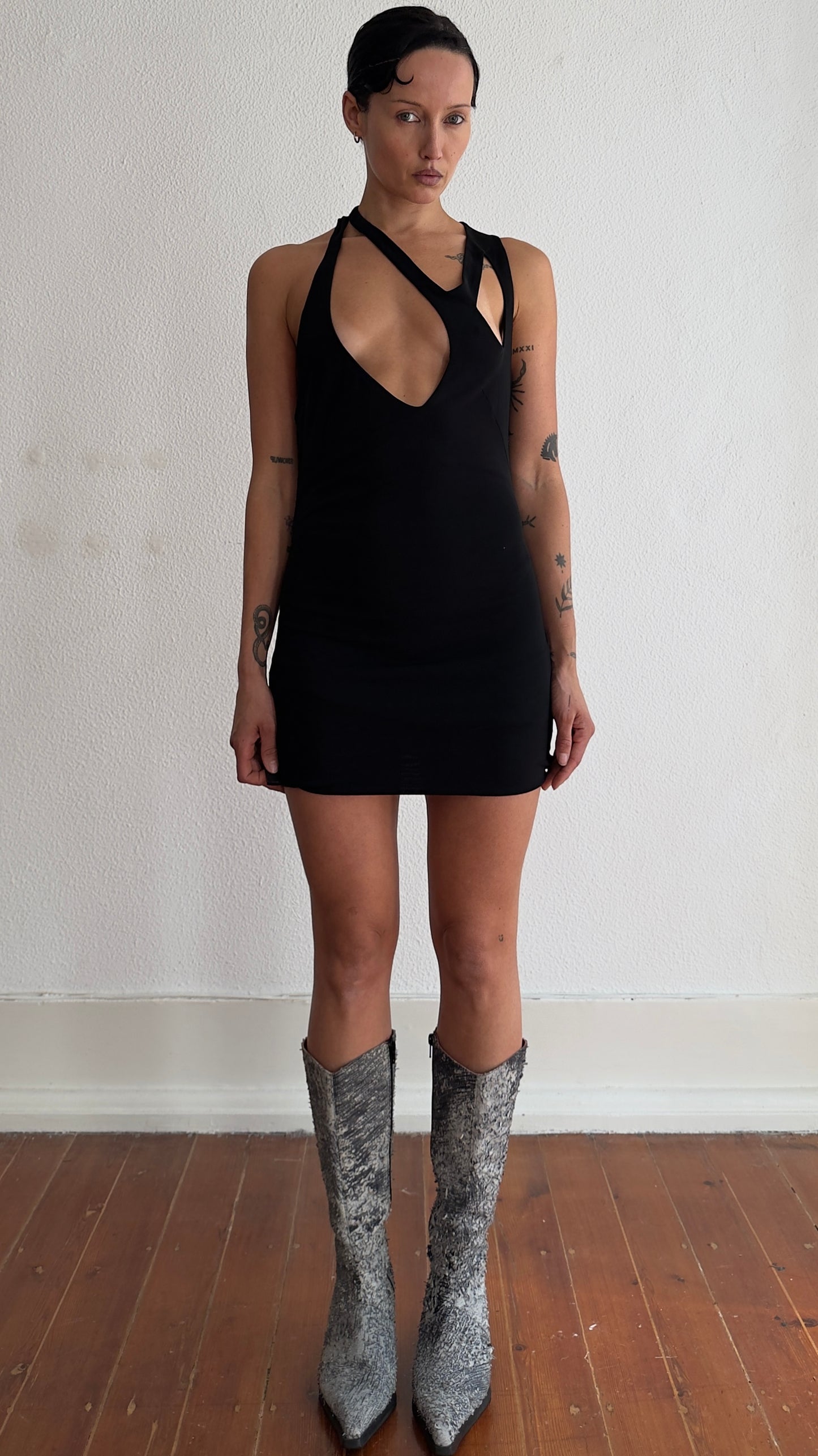 RARE 90S PLEIN SUD MINI DRESS WITH AVANT GARDE NECKLINE  / UK 8