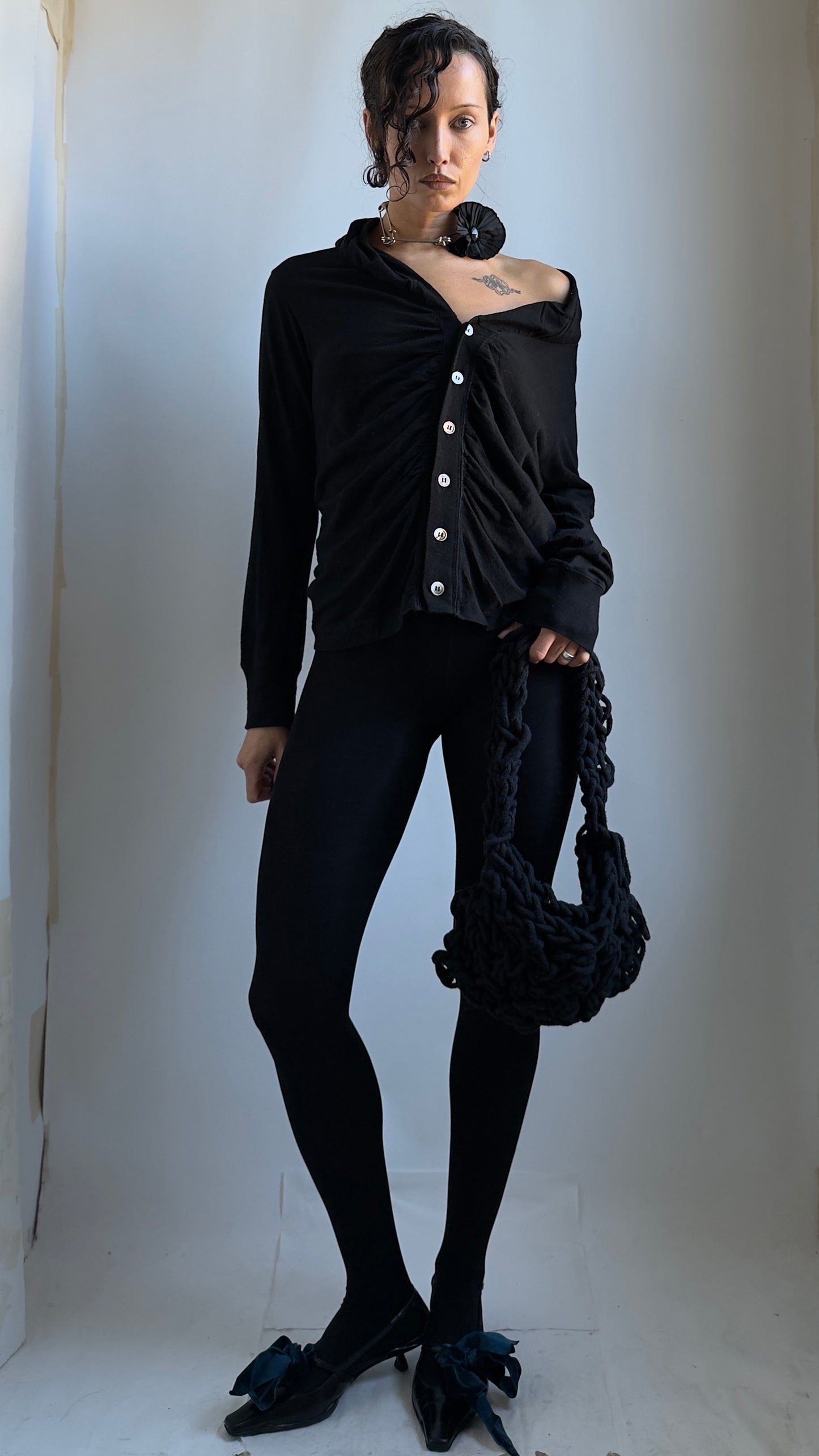 90S ZUCCA GATHERED BLACK CARDIGAN / UK 6-10