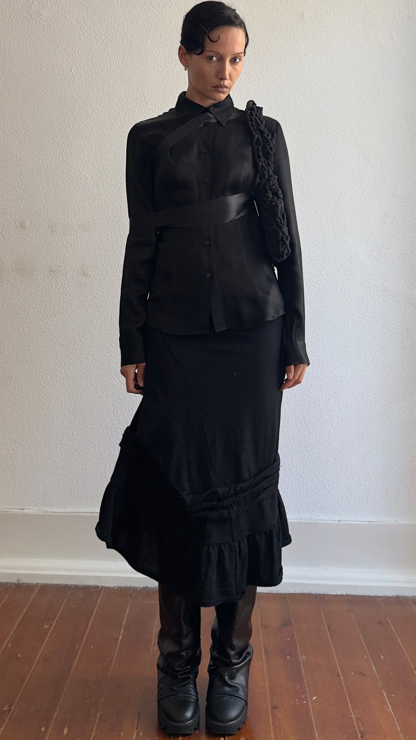 RARE AW 2003 JEAN PAUL GAULTIER SATIN BONDAGE SHIRT / UK 6-10