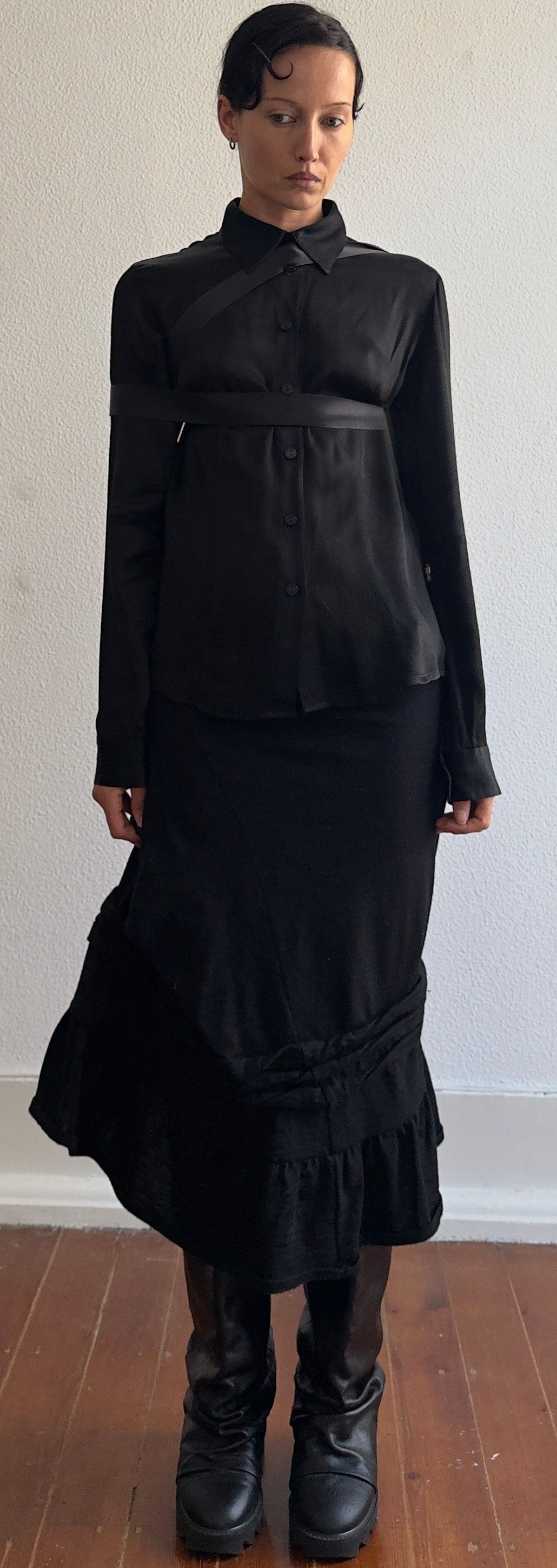 RARE AW 2003 JEAN PAUL GAULTIER SATIN BONDAGE SHIRT / UK 6-10