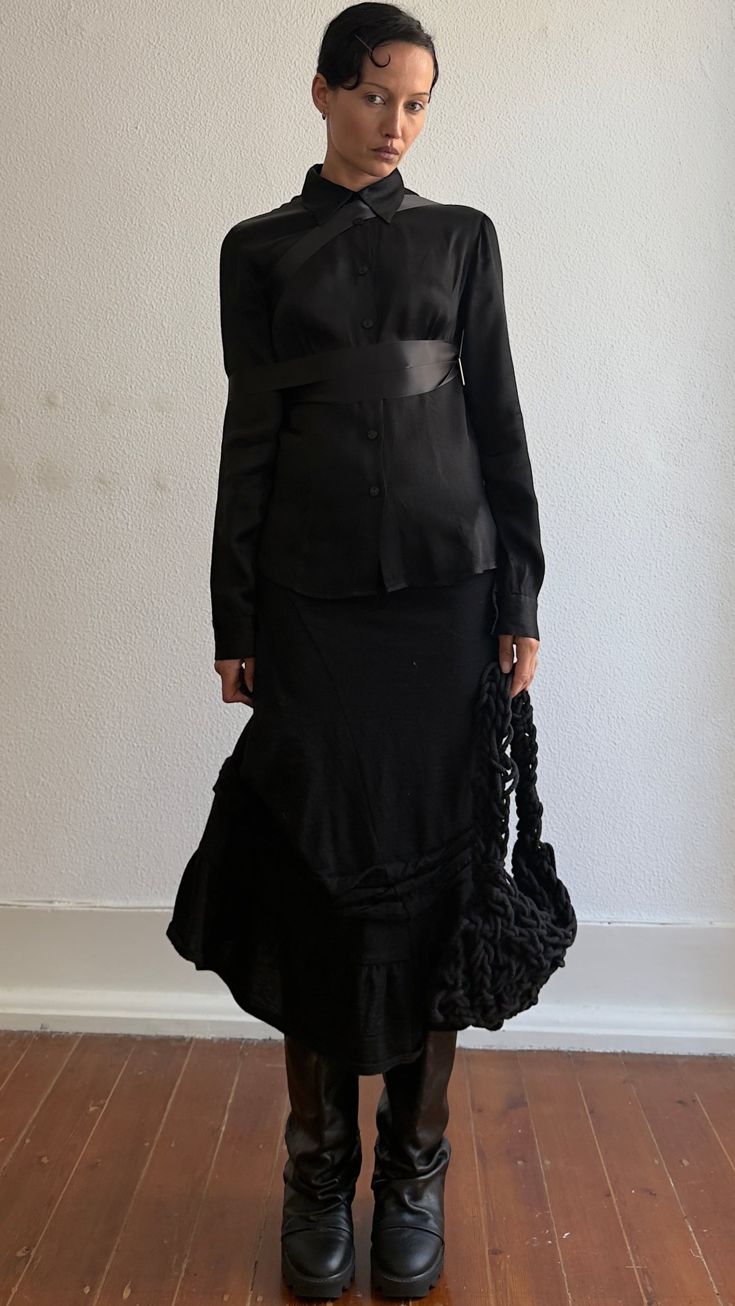 RARE AW 2003 JEAN PAUL GAULTIER SATIN BONDAGE SHIRT / UK 6-10