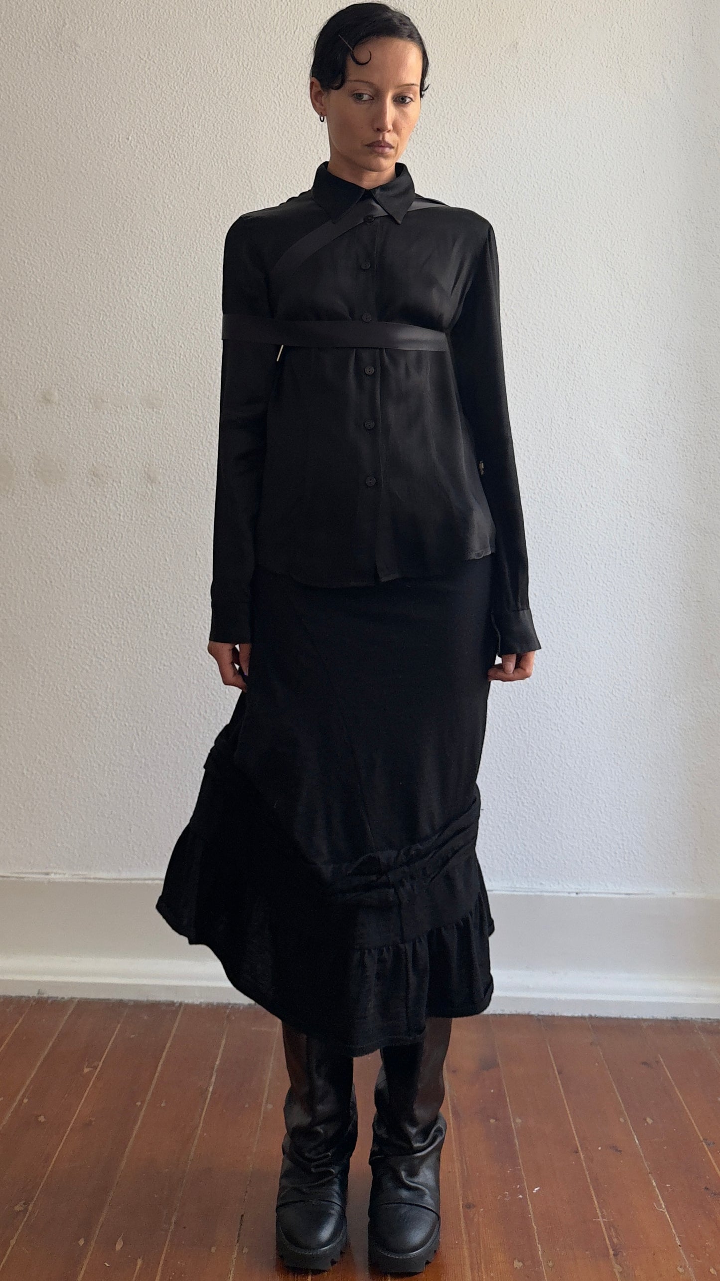 RARE AW 2003 JEAN PAUL GAULTIER SATIN BONDAGE SHIRT / UK 6-10