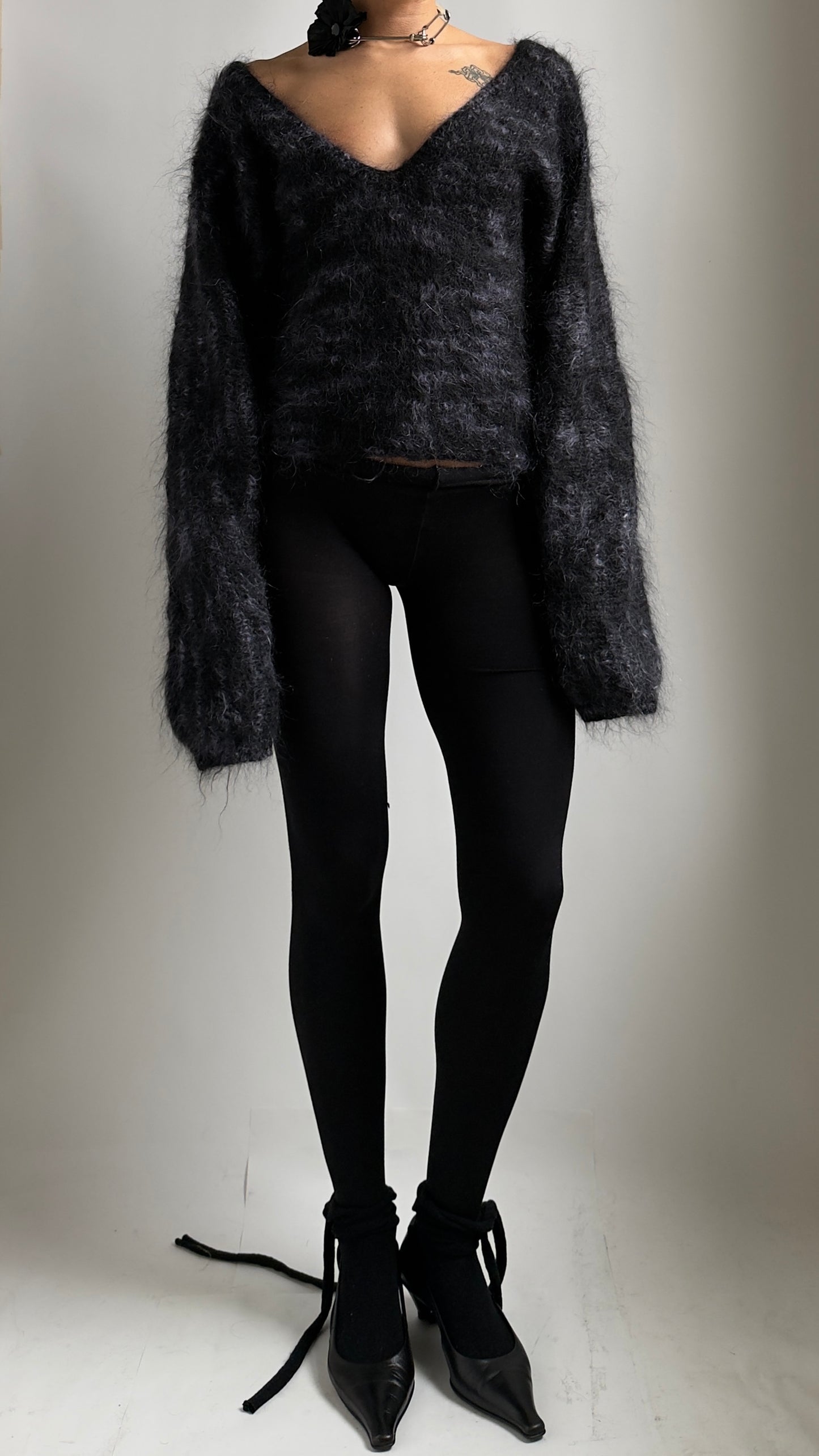 80S CROPPED BLUE AND BLACK MOHAIR JUMPER / UK 6-10