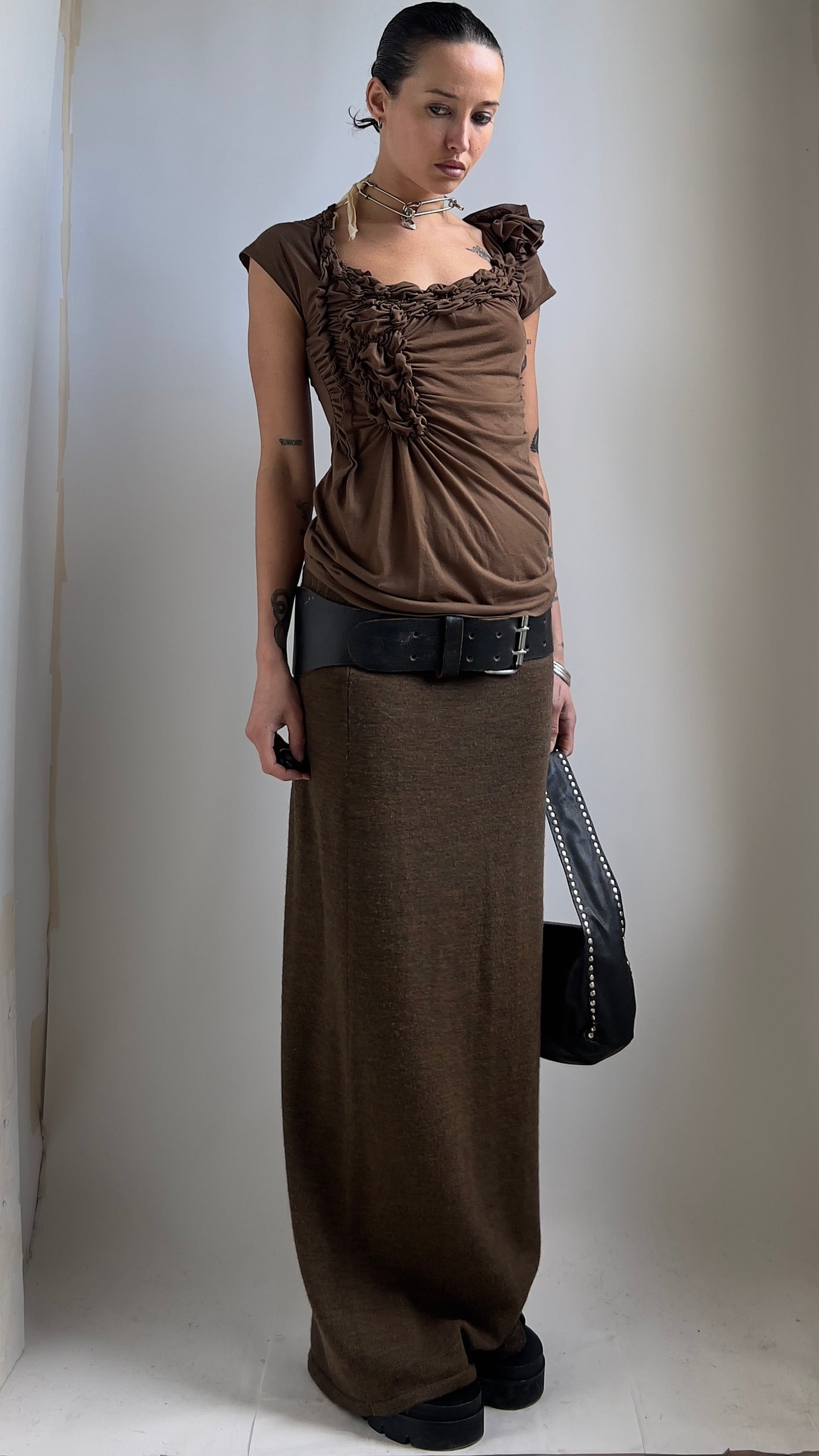 90S BROWN GATHERED TOP / UK 6-10