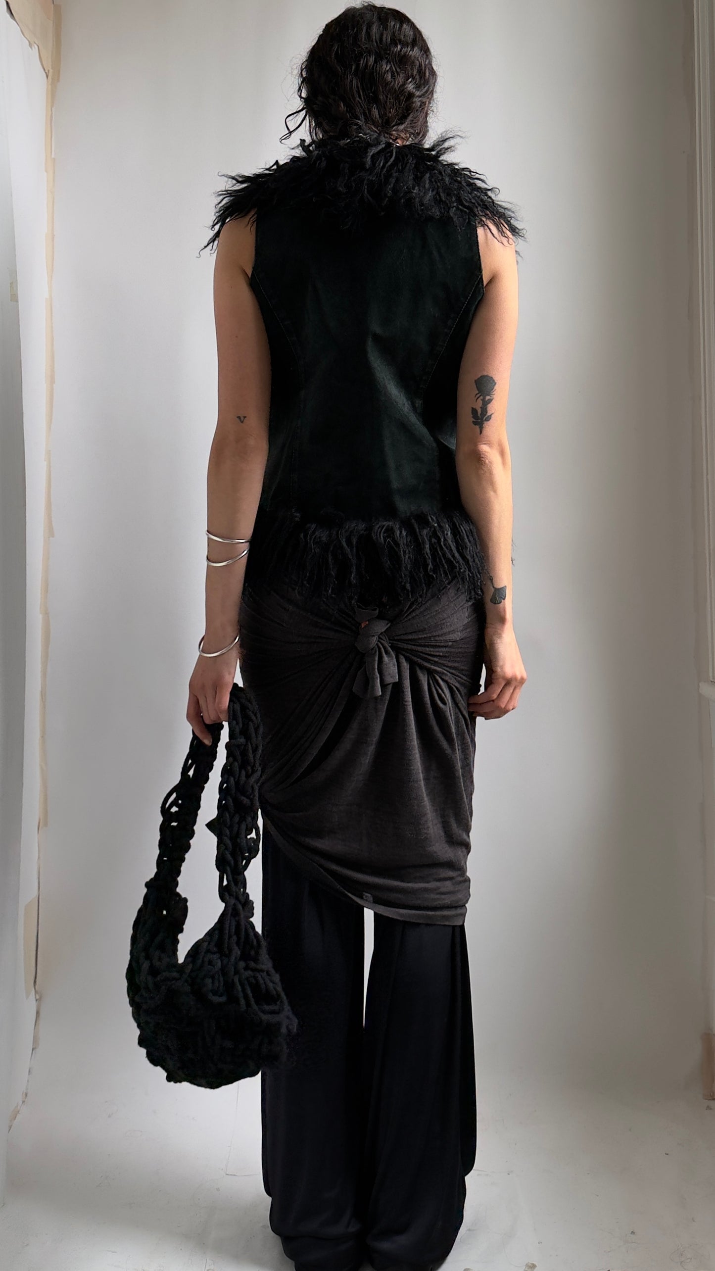 70S BLACK SUEDE MONGOLIAN VEST / UK 8-10