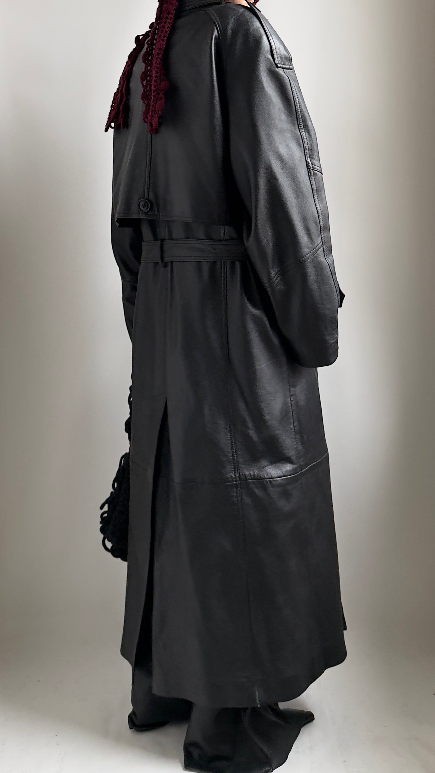 80S PERFECTLY OVERSIZED LEATHER TRENCH COAT / UK 6-12