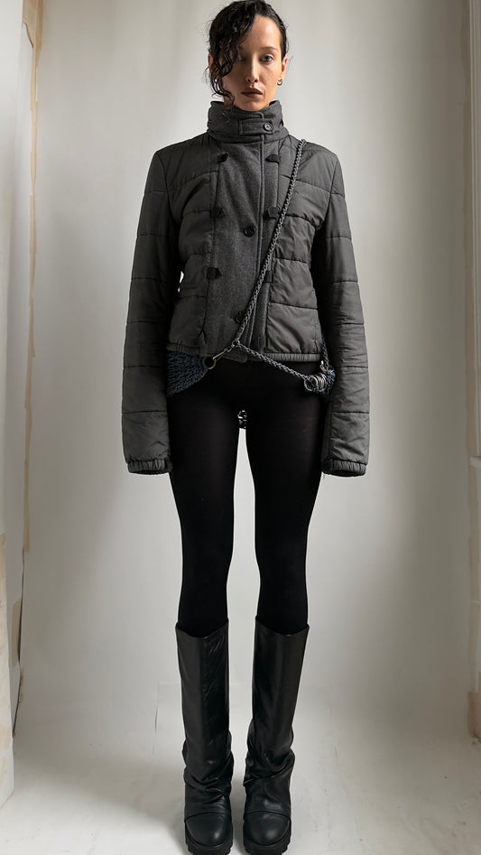 RARE EARLY 2000S MIU MIU PUFFER JACKET WITH WOOL DETAILS AND RETRACTABLE HOOD/ 6-10