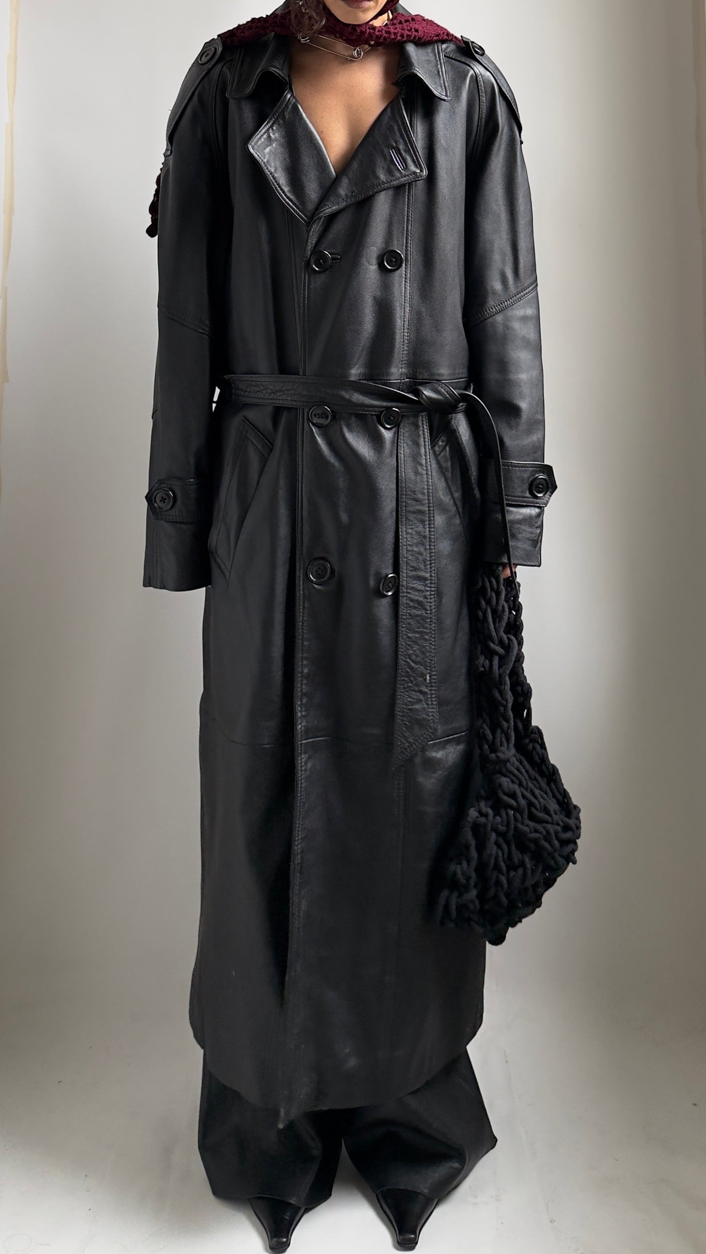 80S PERFECTLY OVERSIZED LEATHER TRENCH COAT / UK 6-12