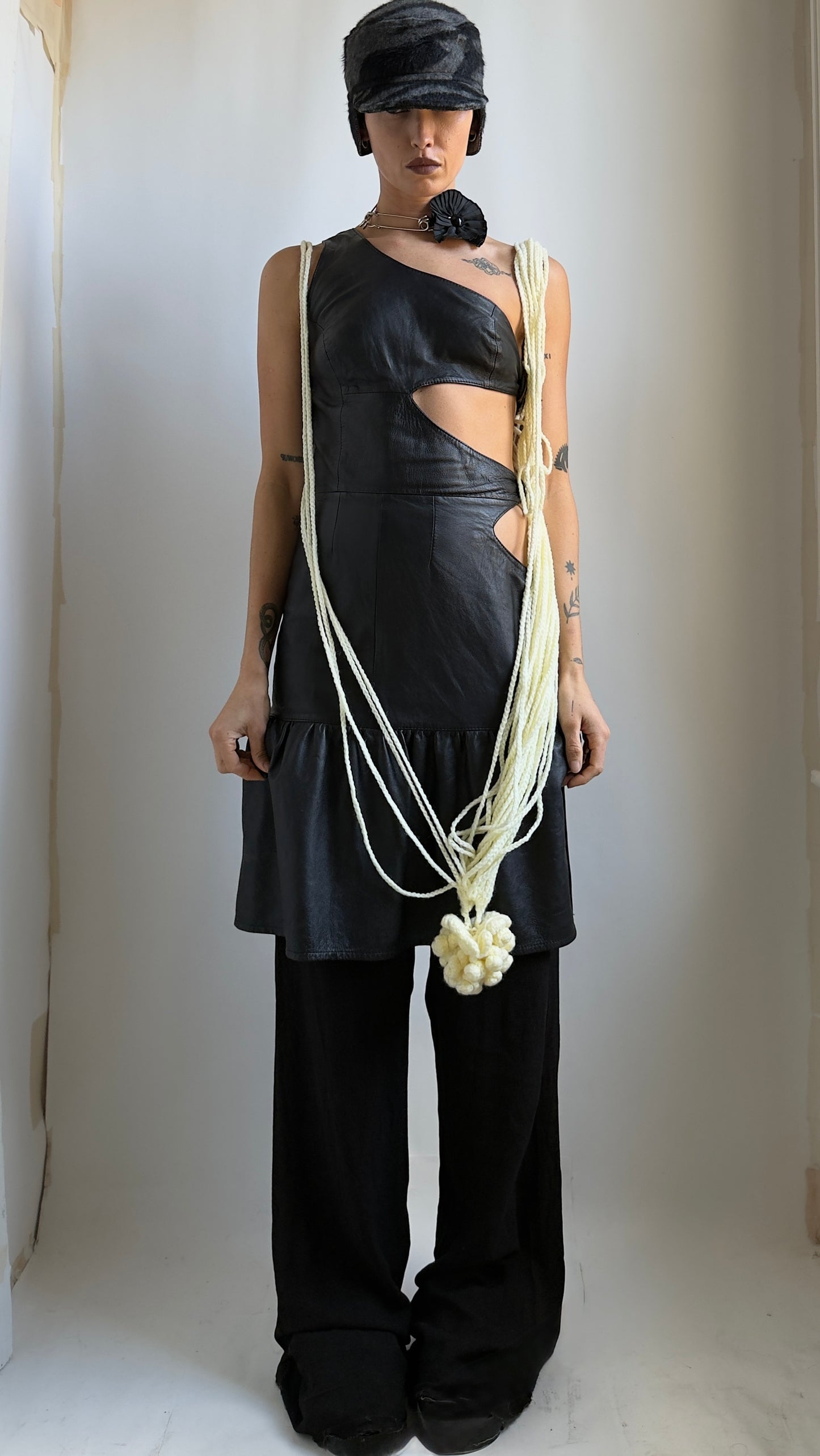 RARE 90S ASYMMETRICAL LEATHER CUT OUT DRESS / UK 6