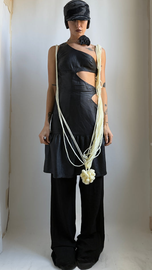 RARE 90S ASYMMETRICAL LEATHER CUT OUT DRESS / UK 6