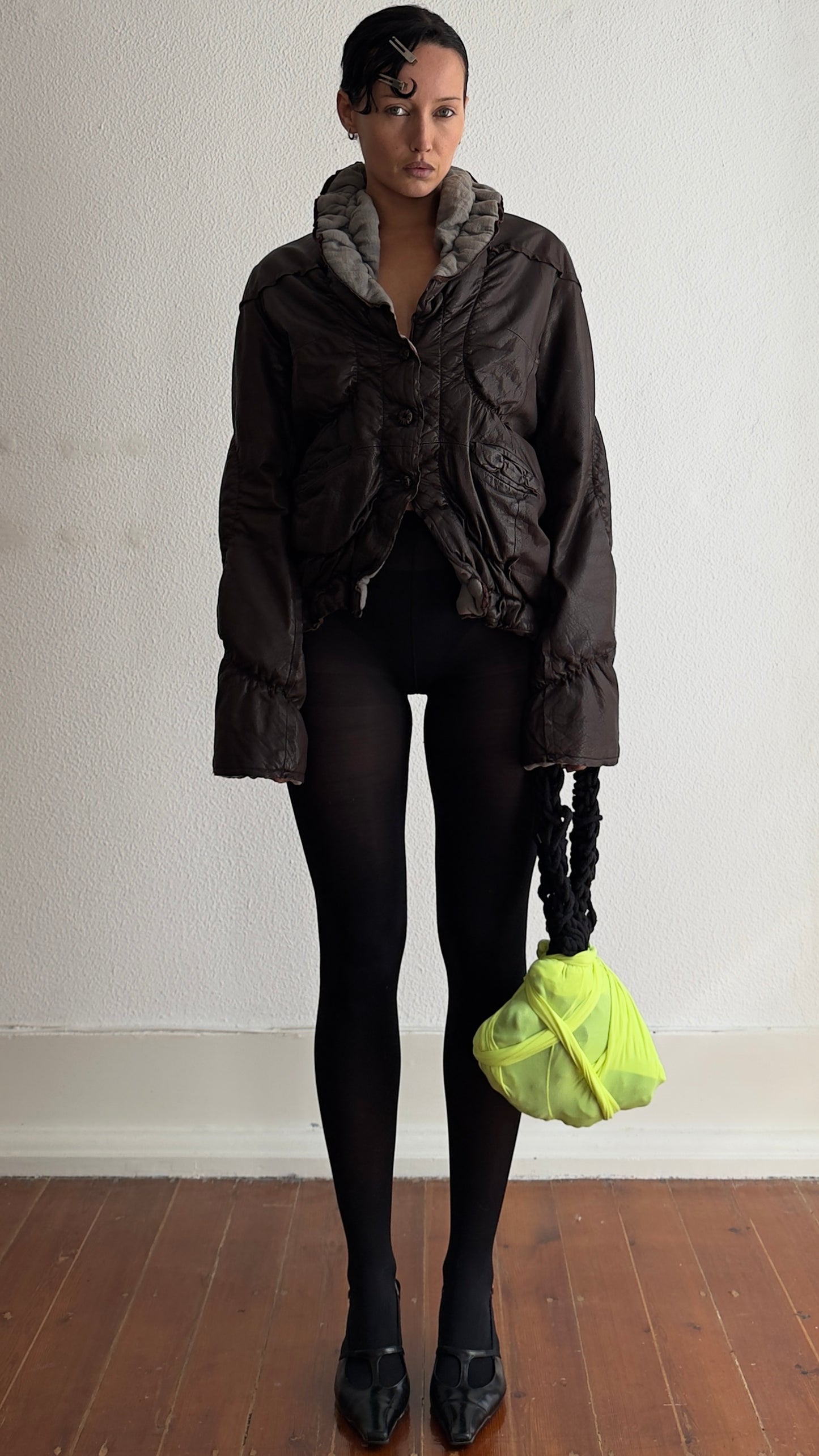 RARE 90S MICHIKO KOSHINO SHIRRED LEATHER JACKET / UK 6-10
