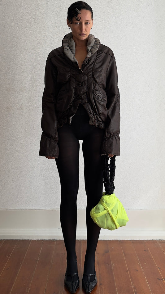 RARE 90S MICHIKO KOSHINO SHIRRED LEATHER JACKET / UK 6-10