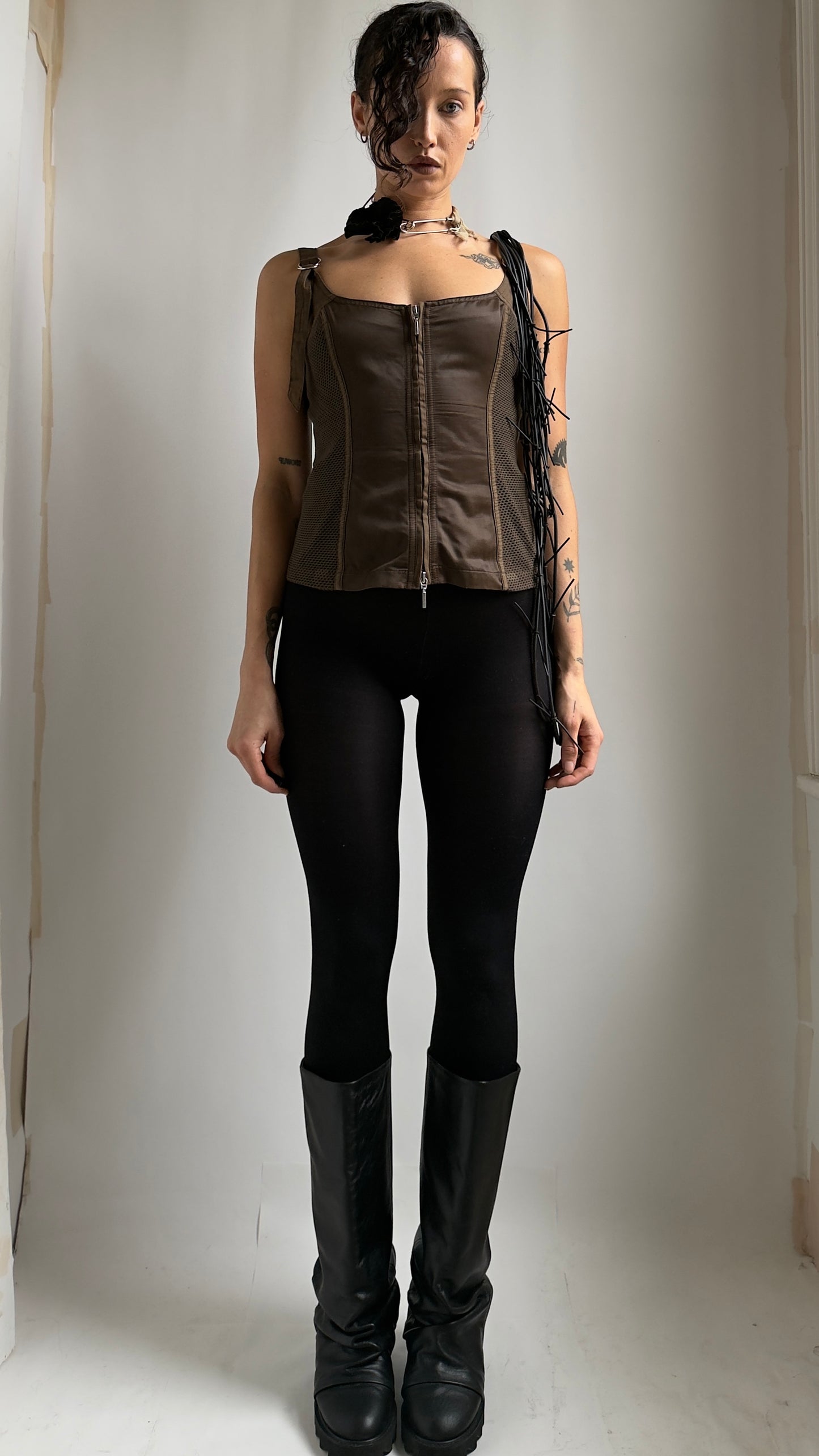 EARLY 2000S PLEIN SUD ZIP UP MESH TOP / UK 6-8