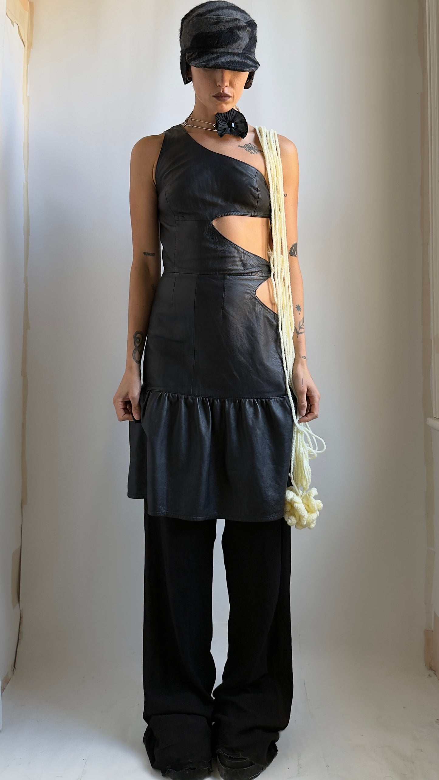 RARE 90S ASYMMETRICAL LEATHER CUT OUT DRESS / UK 6