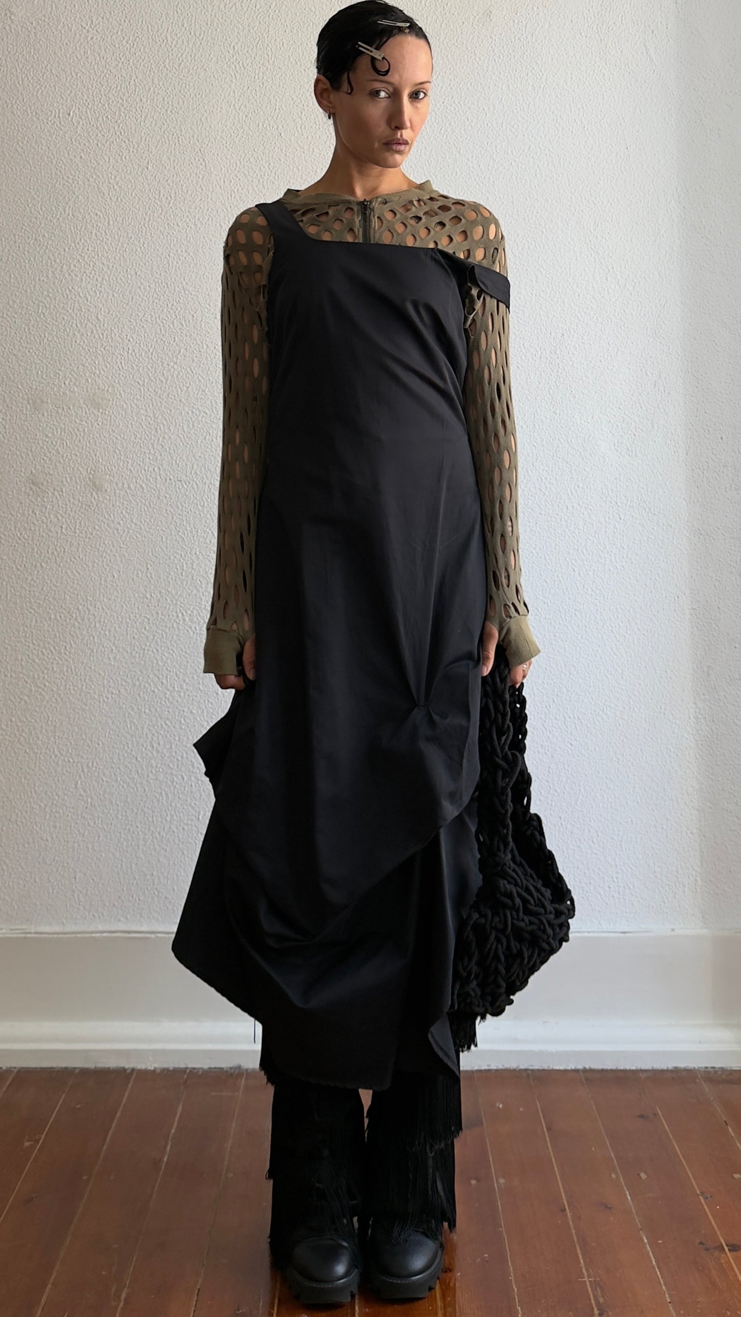 90S FRENCH SCULPTURAL GATHERED BLACK DRESS / UK 6
