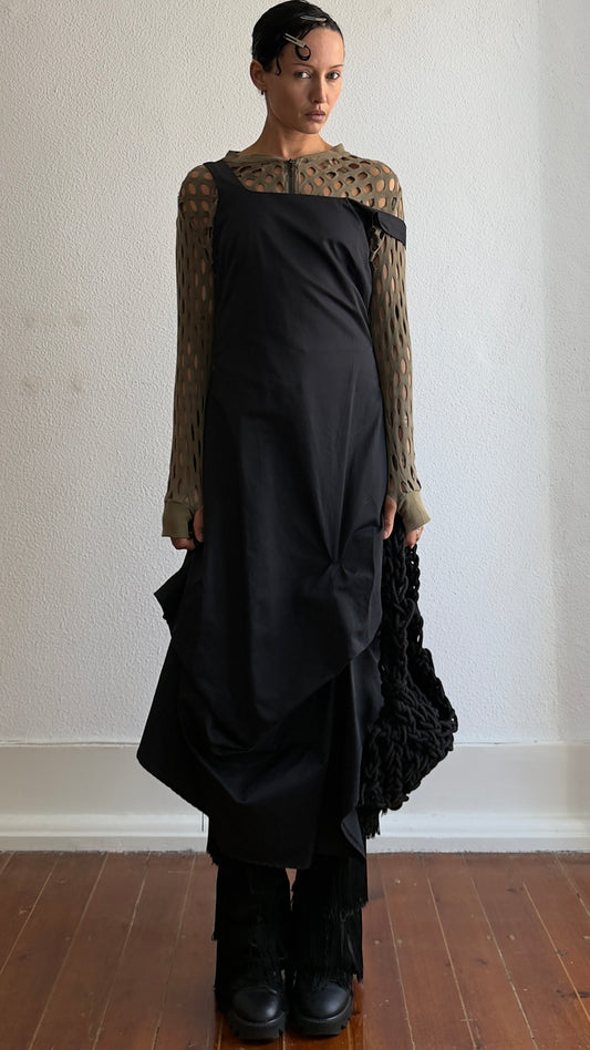 90S FRENCH SCULPTURAL GATHERED BLACK DRESS / UK 6