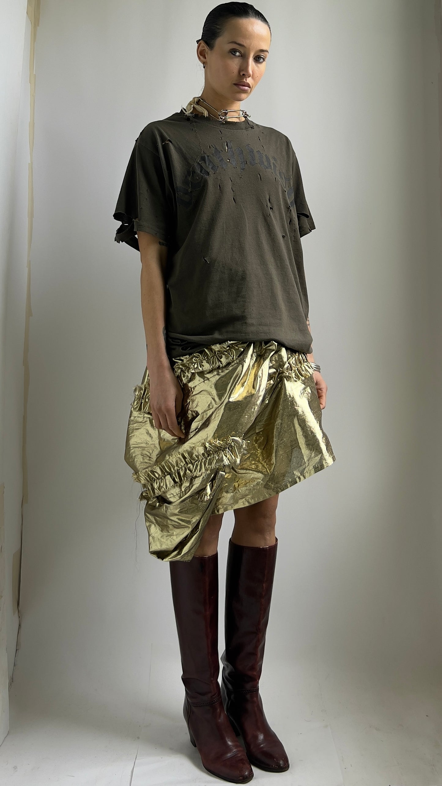 RARE EARLY 2000S COMME DES GARCONS DECONSTRUCTED FOIL SKIRT / W; 27"