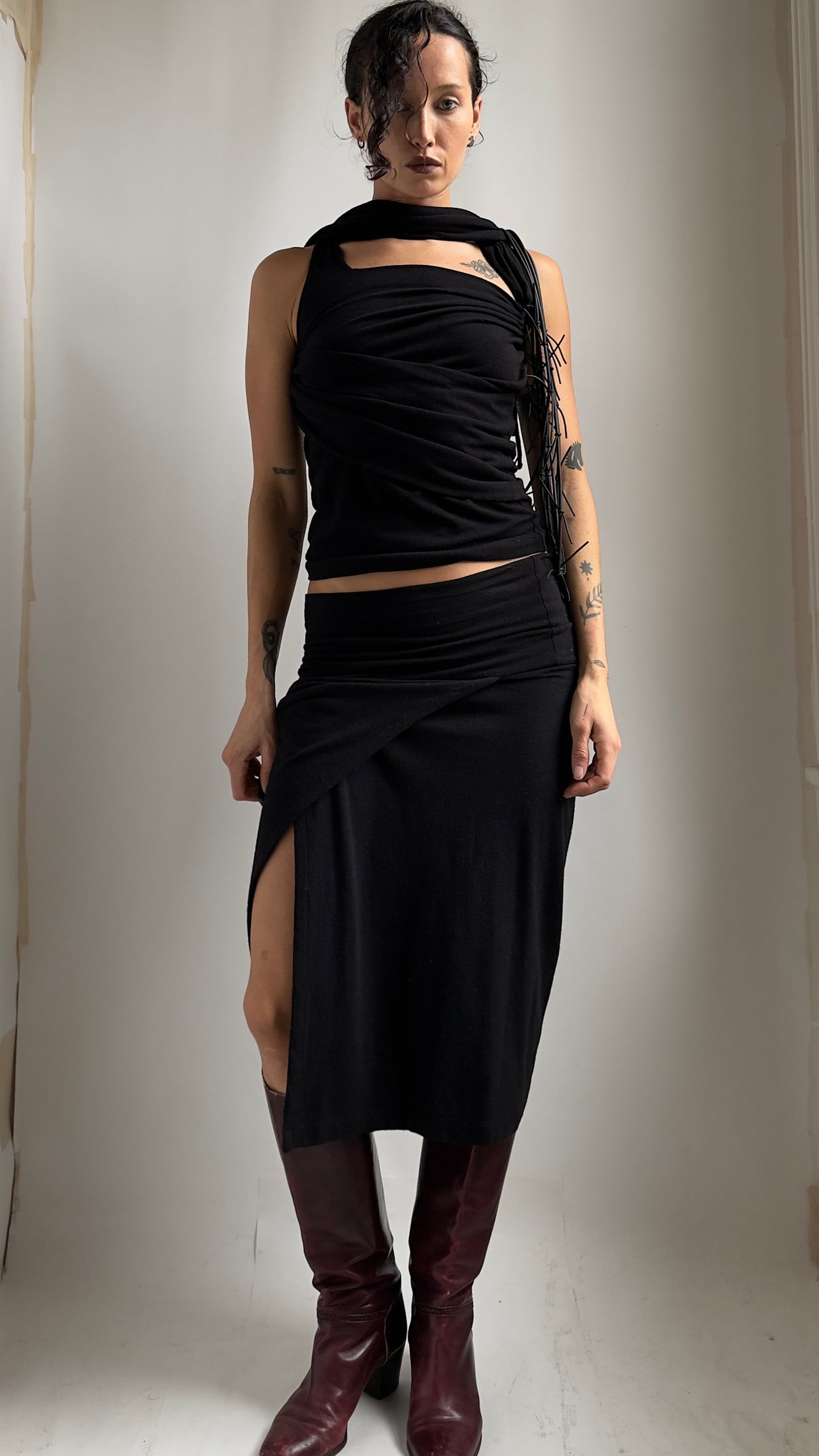 RARE EARLY 2000S PLEIN SUD DRAPED WOOL MULTI-WAY TWO PIECE / UK 6-8