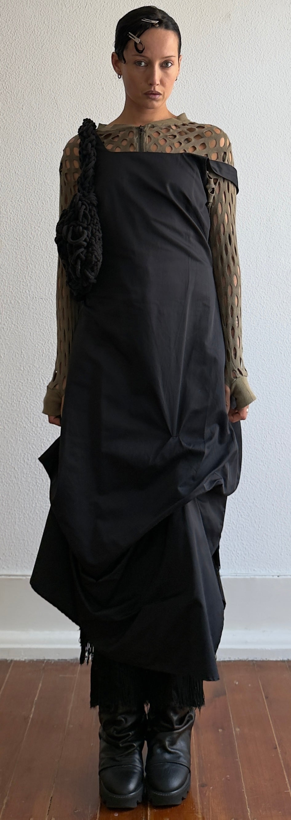 90S FRENCH SCULPTURAL GATHERED BLACK DRESS / UK 6
